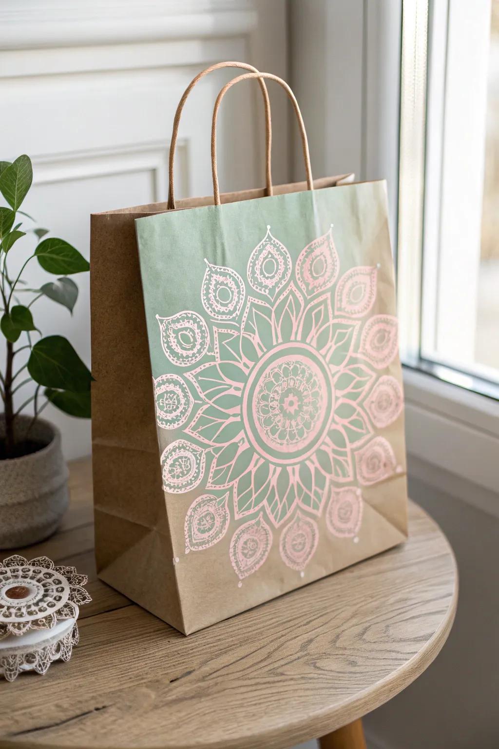 Elegant stencil designs on gift bags.