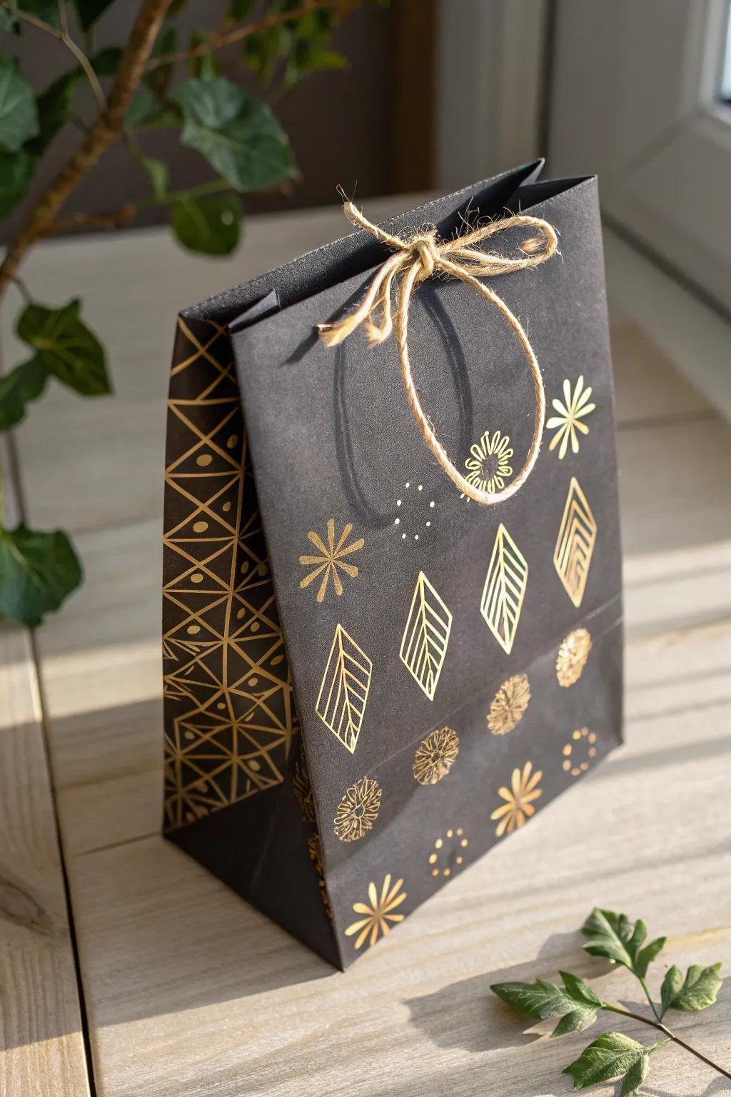 Gift bags adorned with shiny foil stickers.