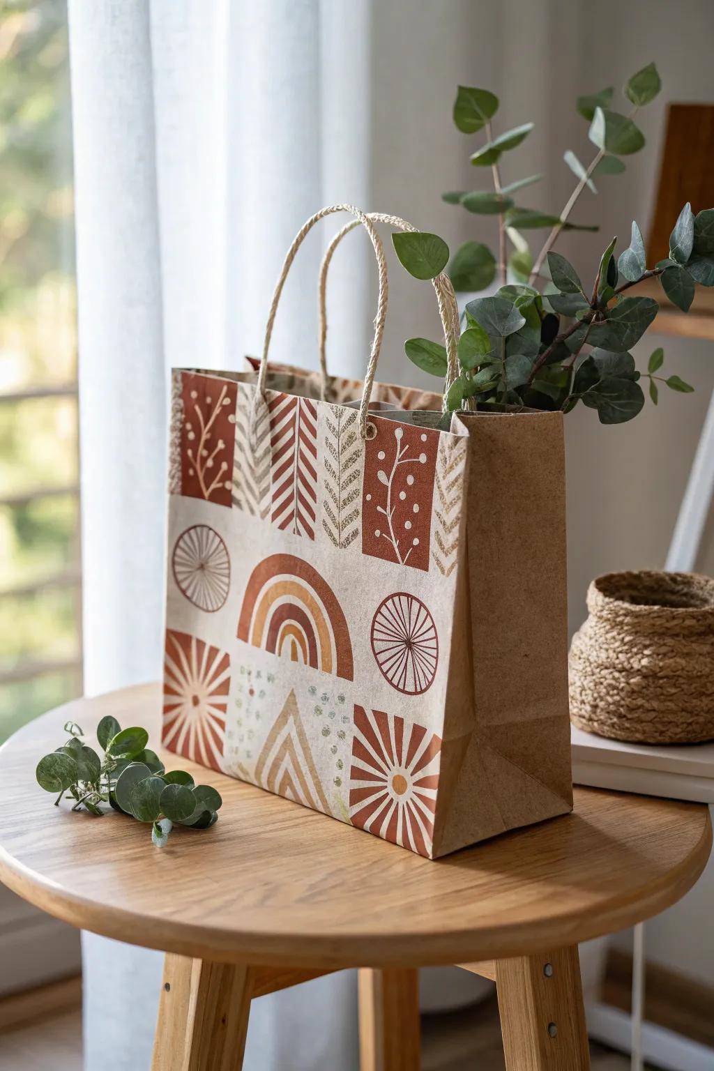 Artistic block printing on gift bags.