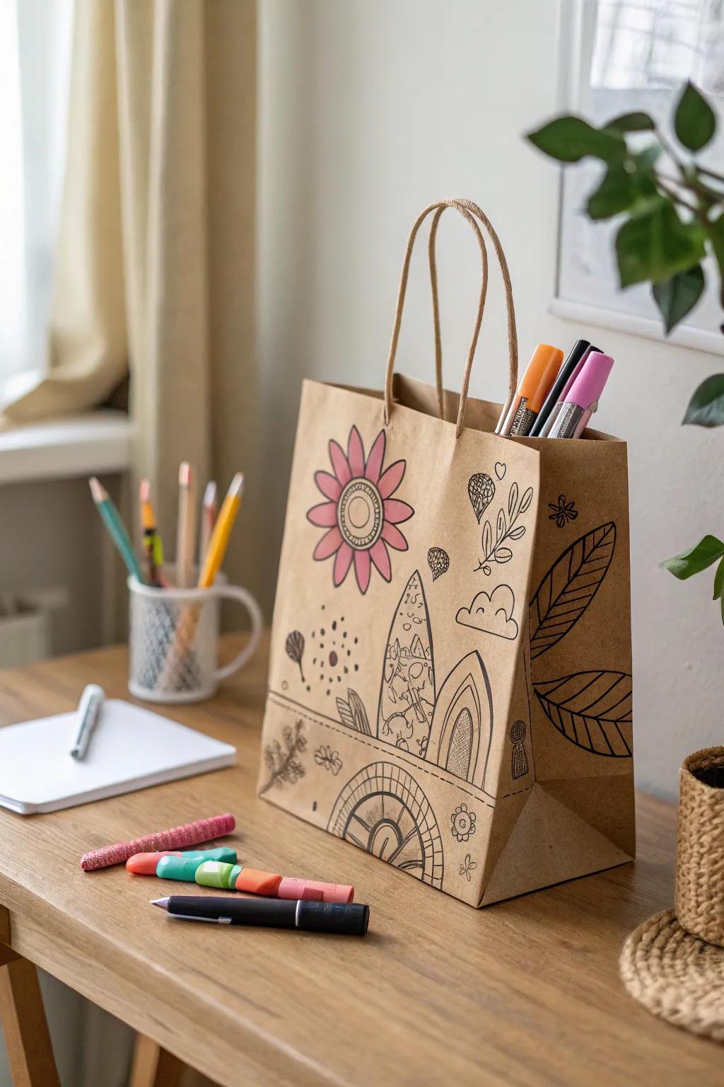 Creative doodles on gift bags for a unique look.