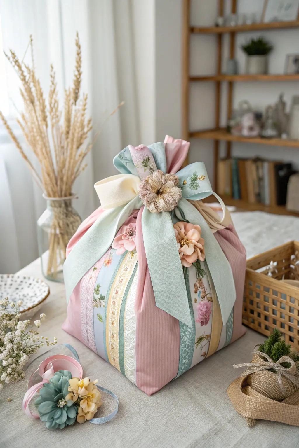 Elegant ribbons and bows on gift bags.