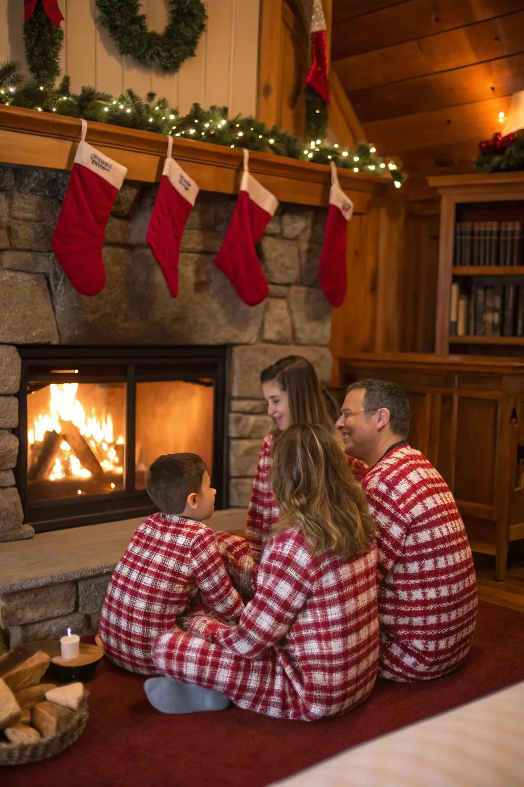 Family enjoying the warmth of a fireplace in cozy pajamas.