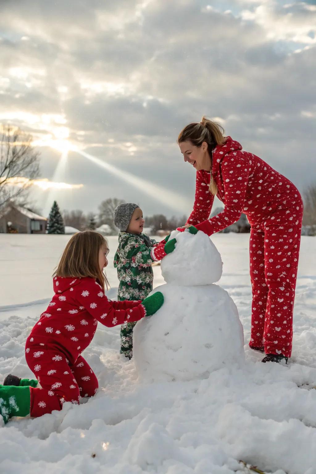 Family enjoying snowy outdoors in festive pajamas.