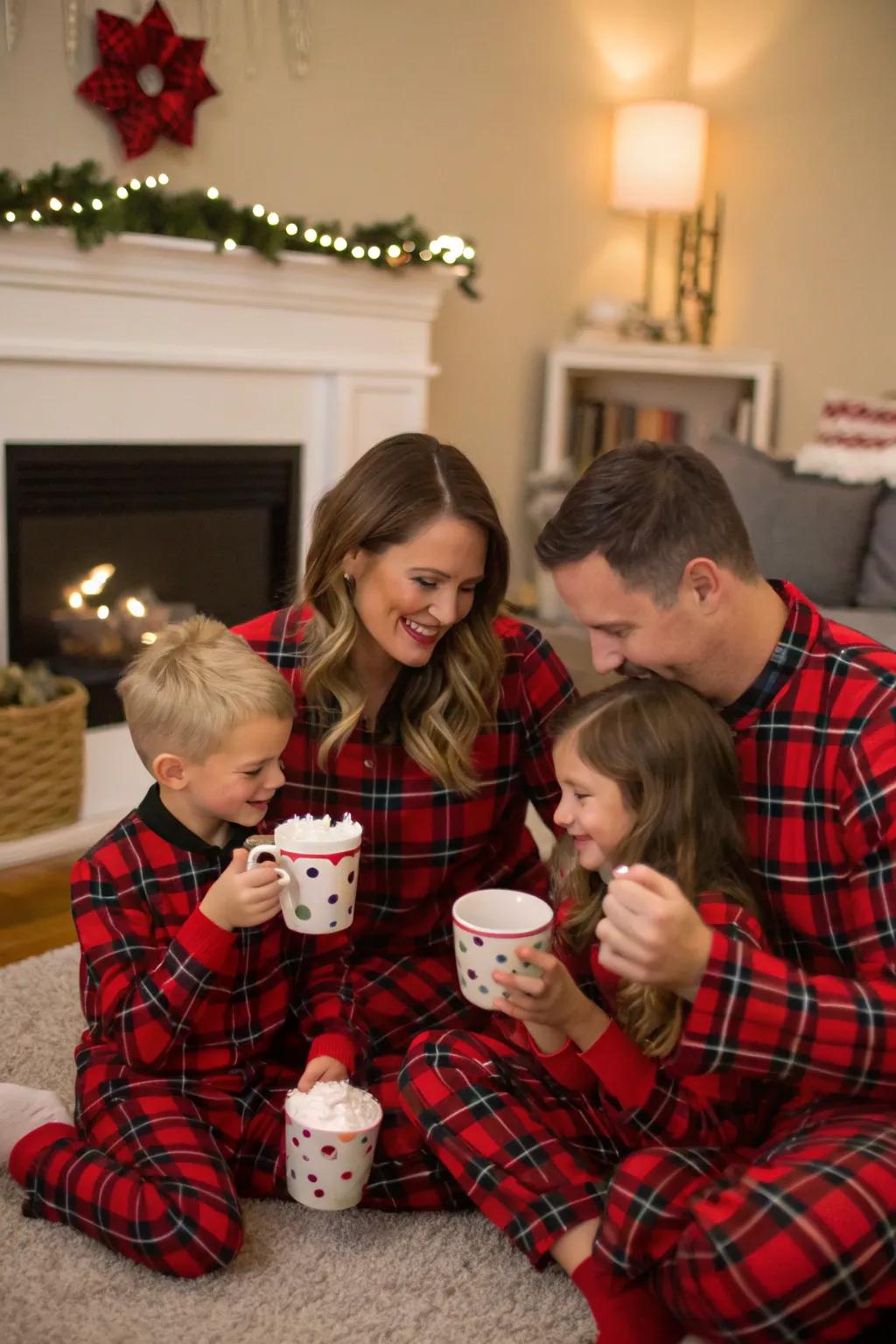 Family enjoying Christmas morning in warm flannel pajamas with hot cocoa.