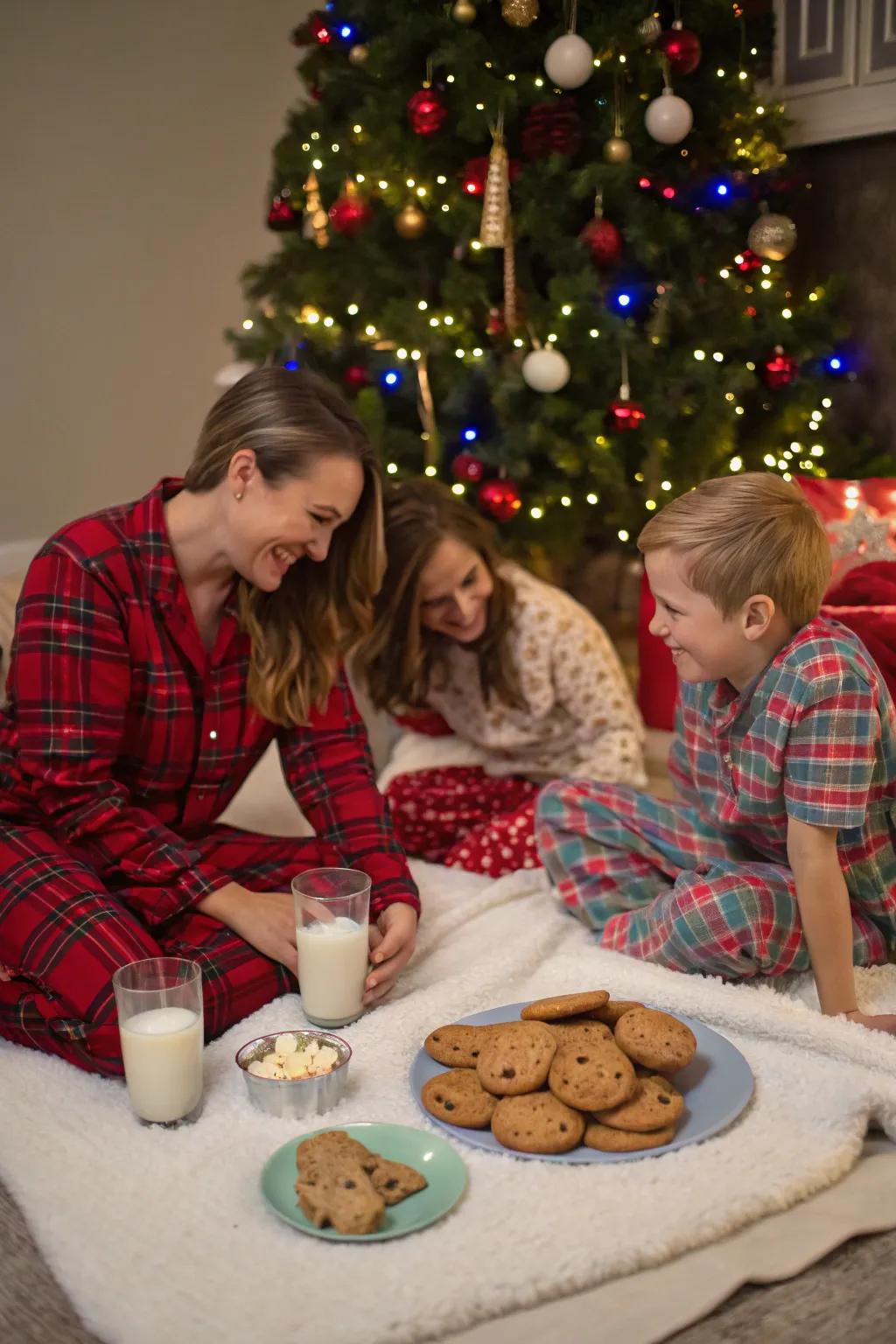 Family enjoying a joyful pajama picnic under the Christmas tree.