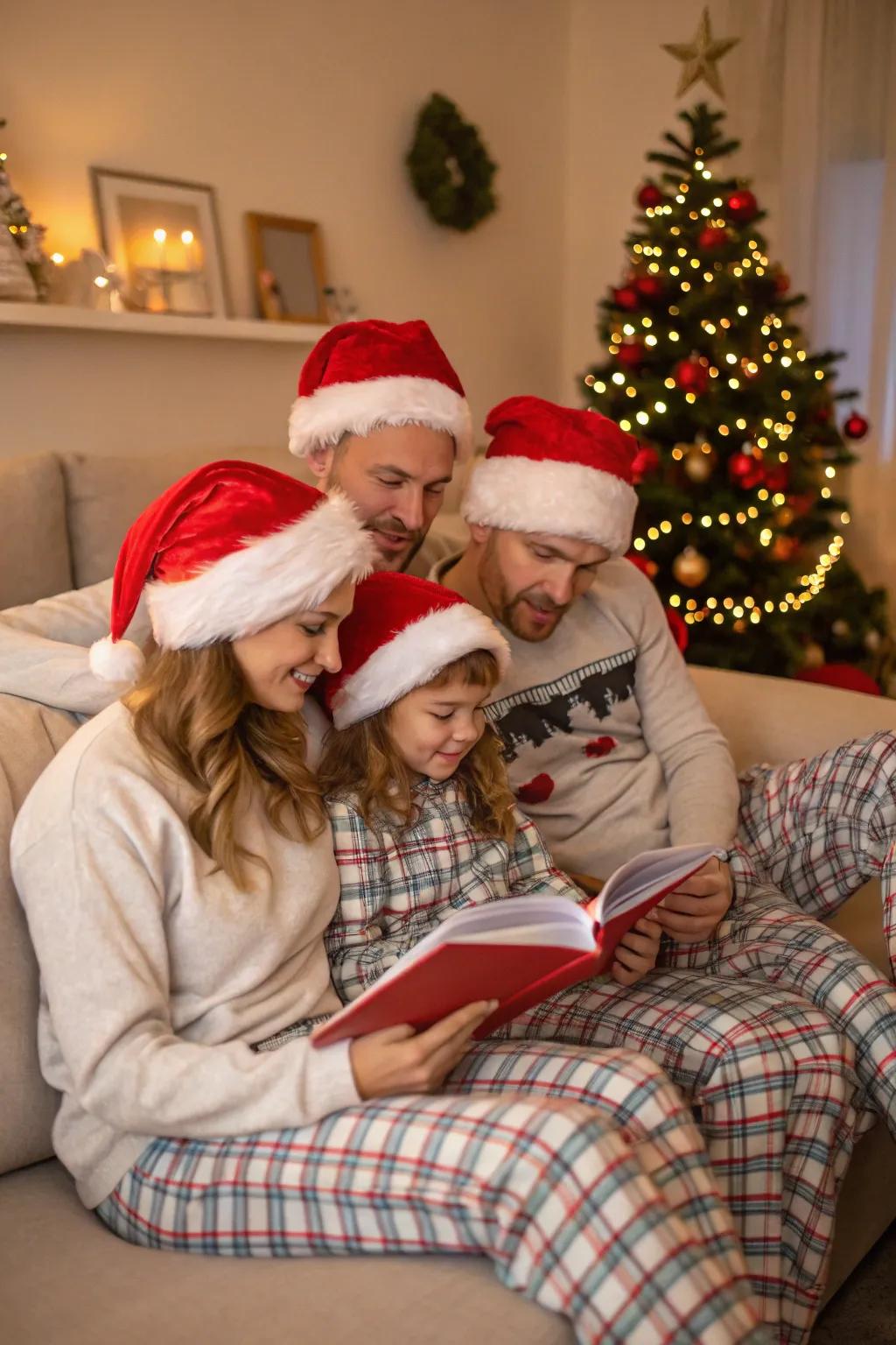 Family gathered in pajamas and Santa hats enjoying storytime.