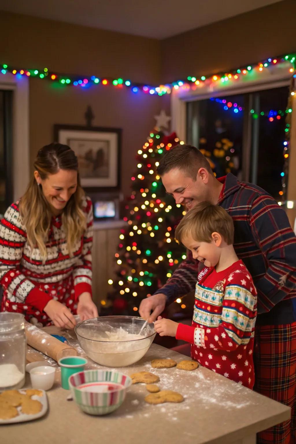 Family baking cookies together, enjoying the festive mess.