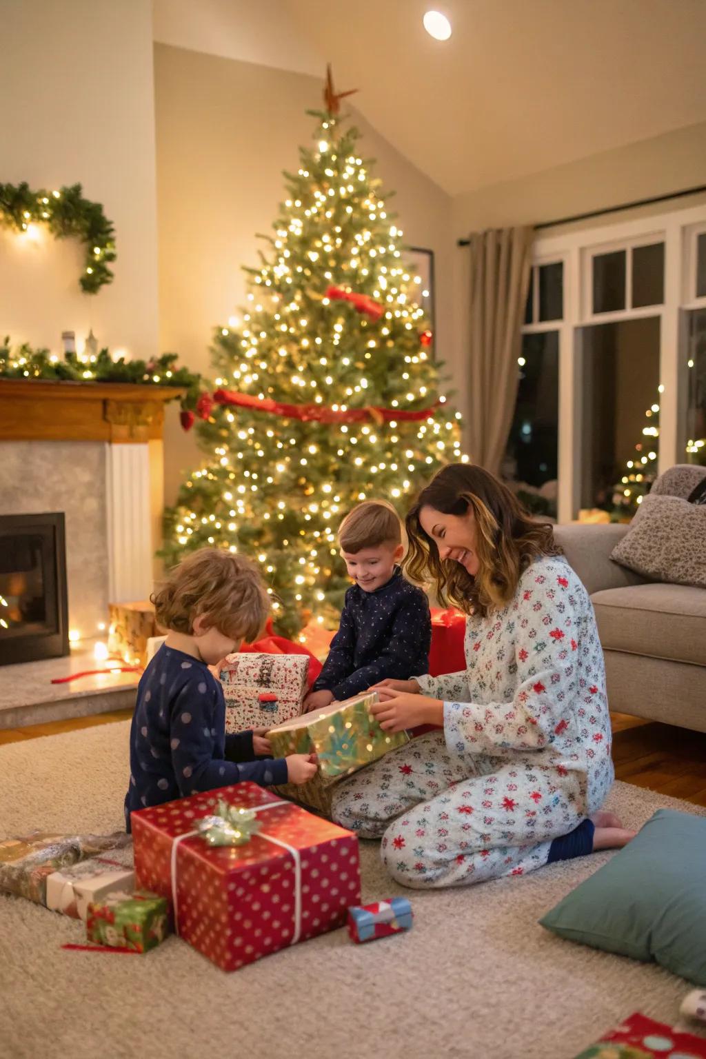 Family joyfully opening presents in cozy pajamas.