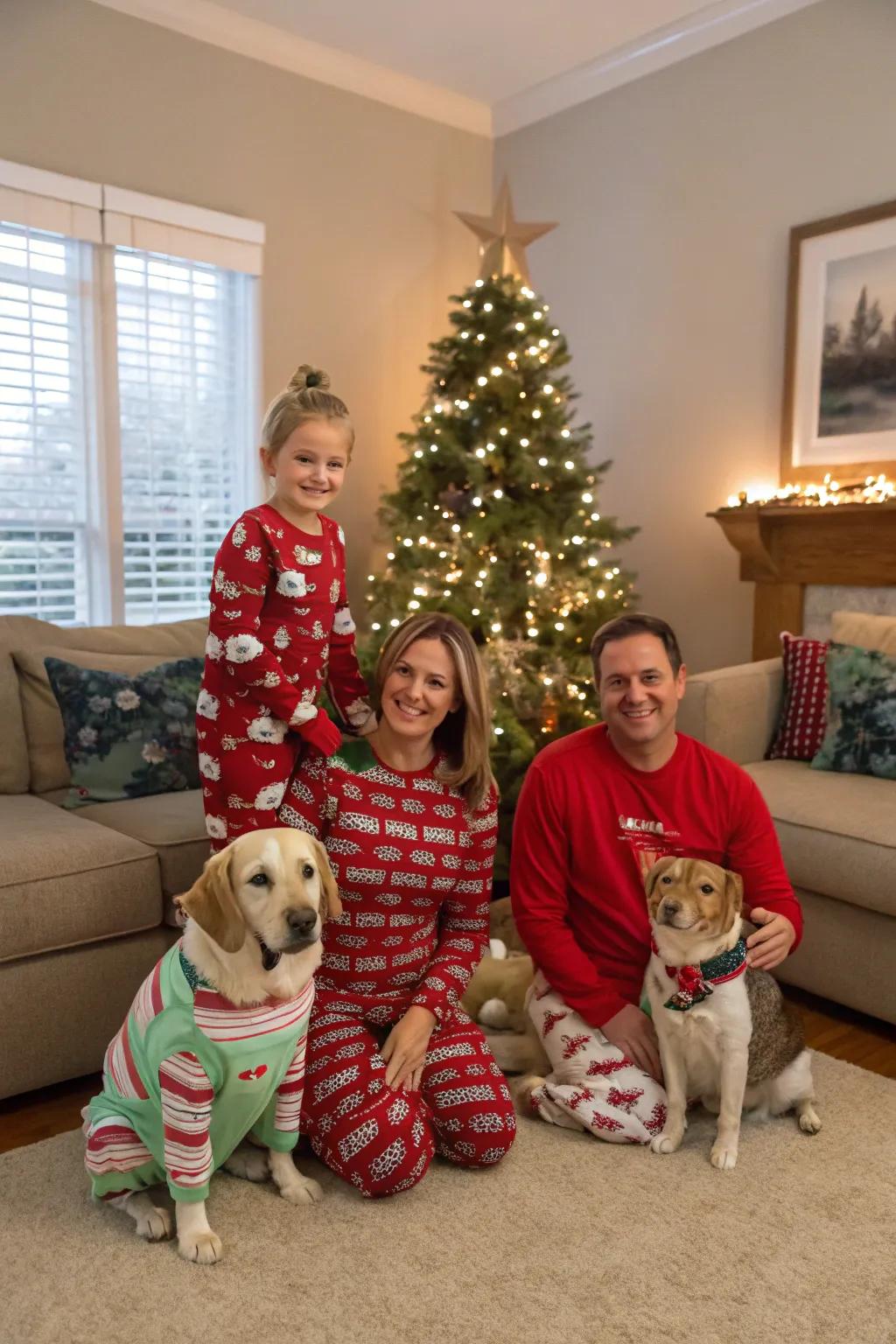 Family photo including pets dressed in holiday pajamas.