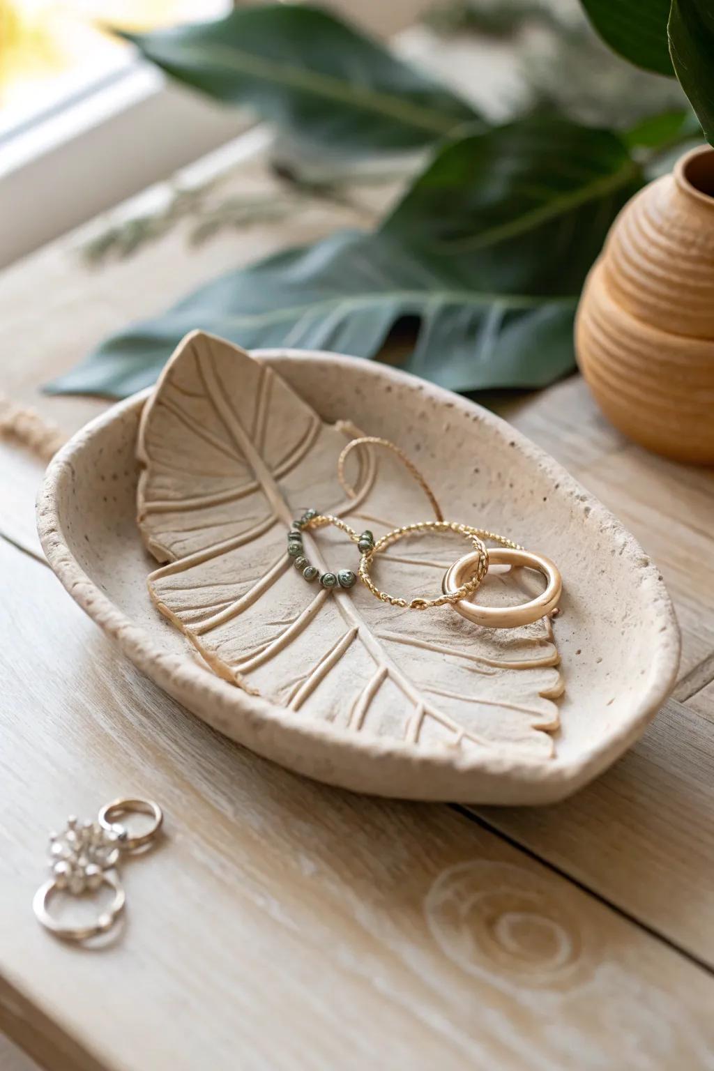 Add a touch of elegance to mom's vanity with a handcrafted clay jewelry dish.