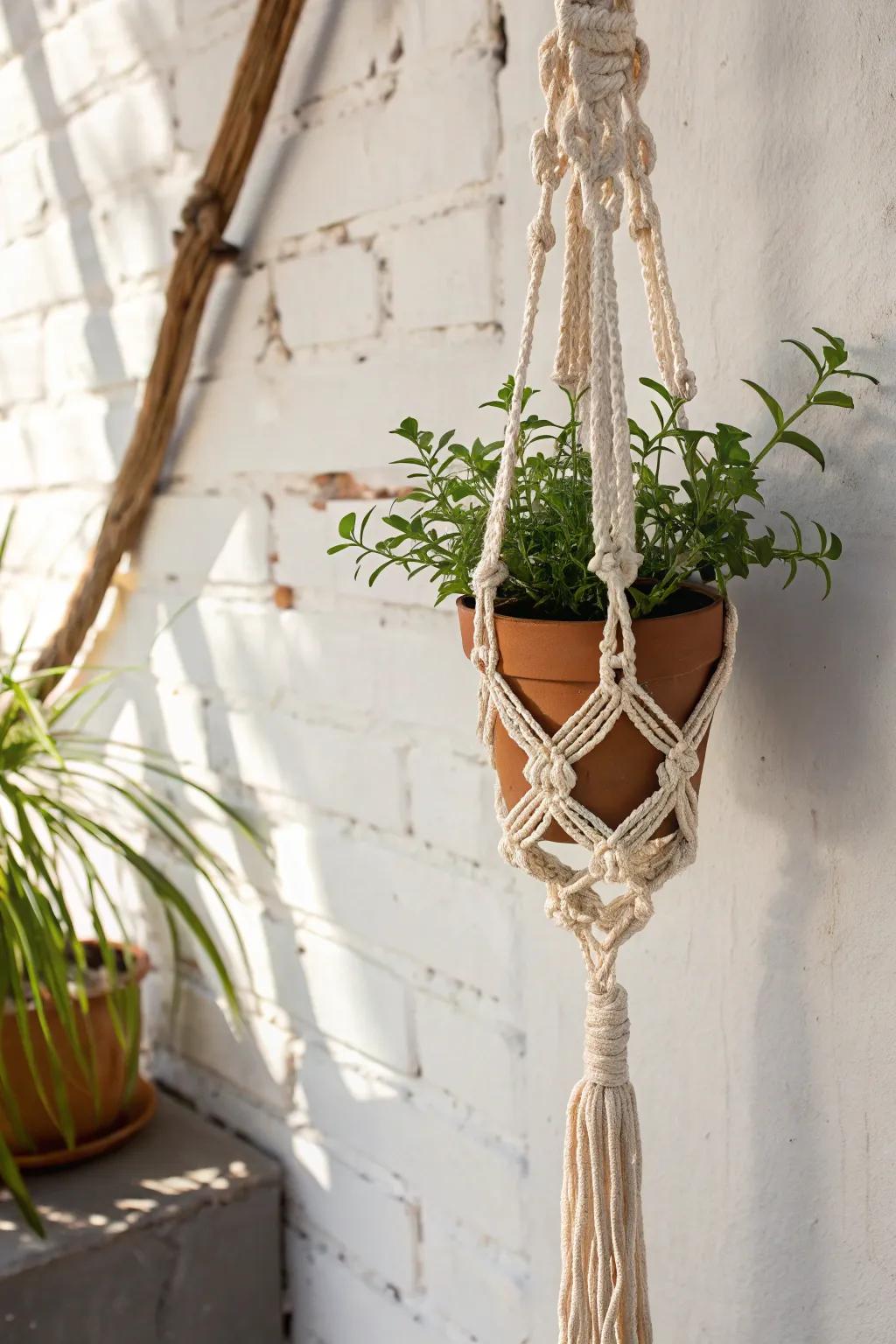 Add boho charm with a handmade macrame plant hanger, a stylish gift for mom.