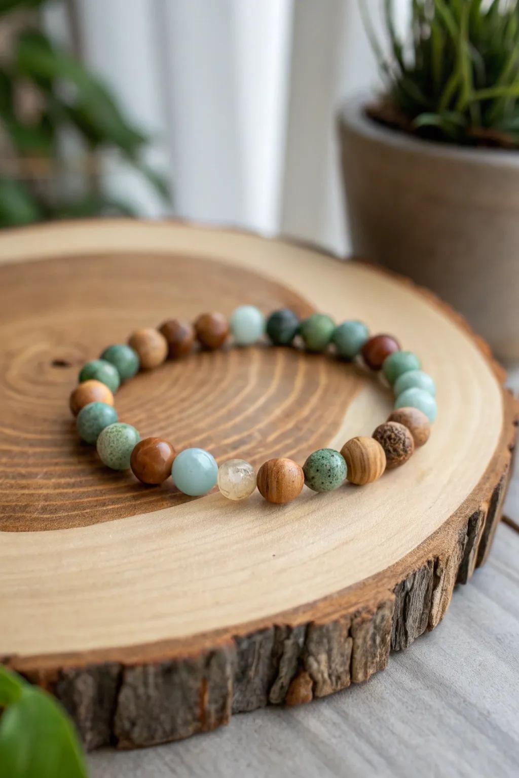 A serene blend of natural greens, blues, and browns in a handcrafted bracelet.