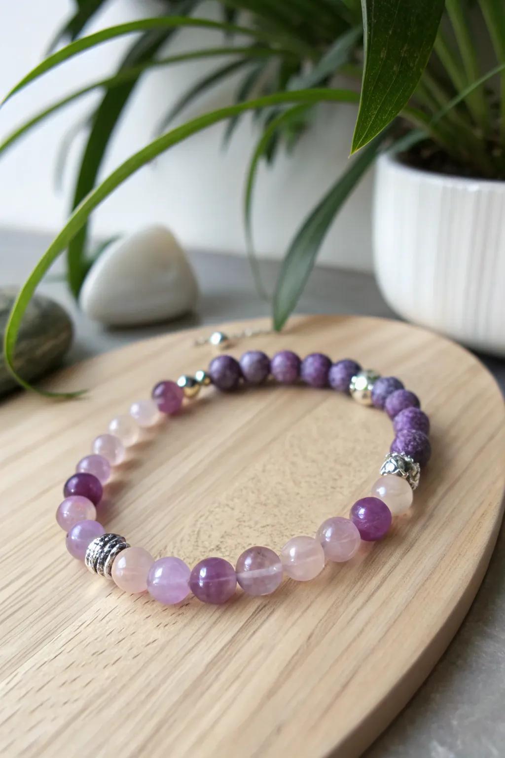 Mystical purple bead bracelet radiating charm and sophistication.