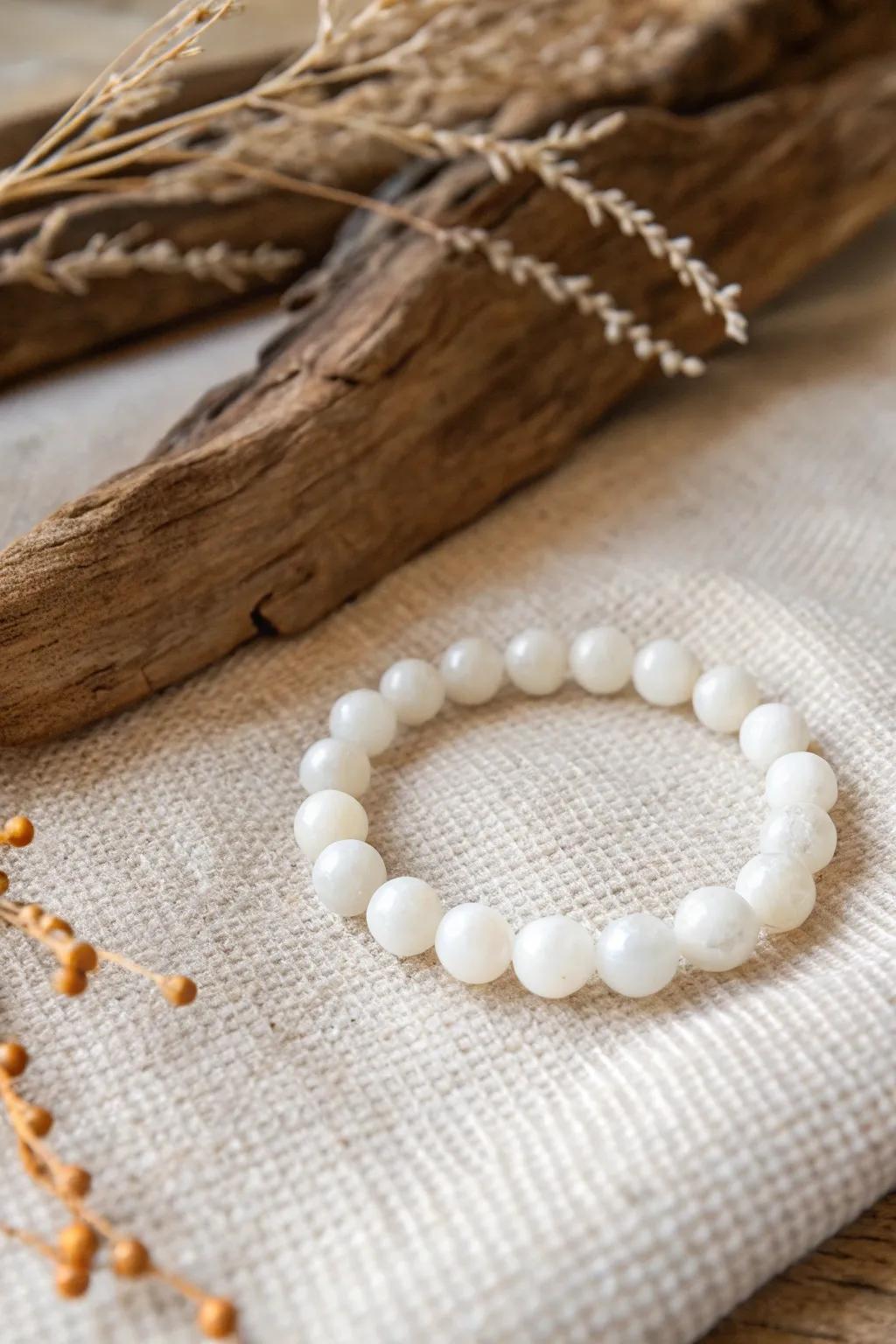 Minimalist white bead bracelet evoking the purity of winter.