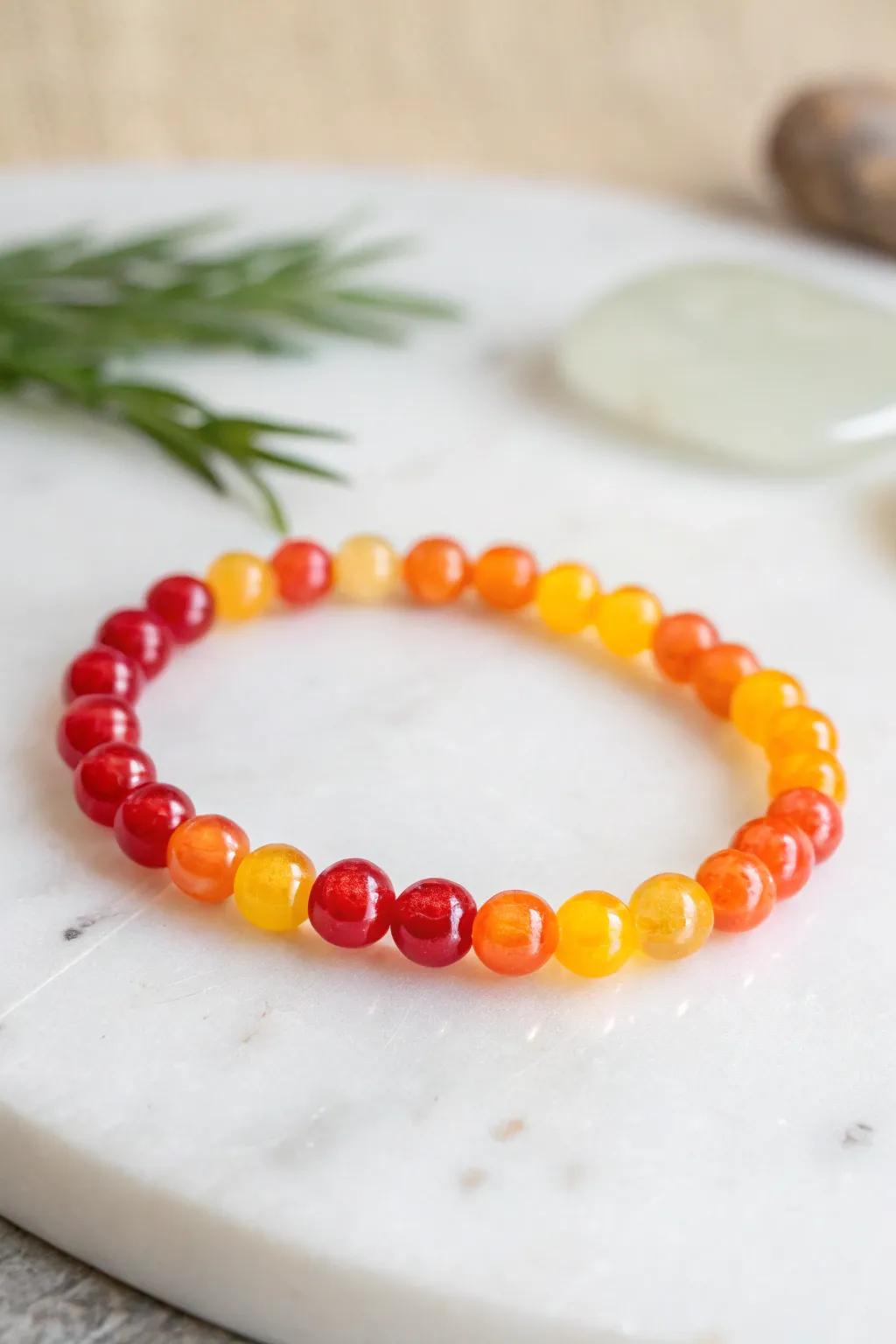 Celebrate with vibrant red, yellow, and orange bead bracelets.