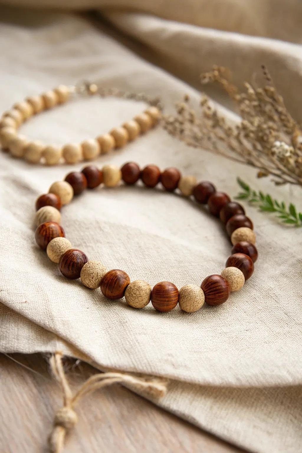 Rustic wooden and beige beads combine for a minimalist boho vibe.