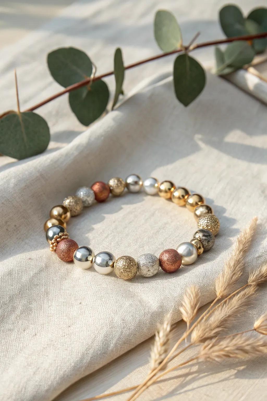 Sophisticated metallic bead bracelet blending simplicity and glamour.