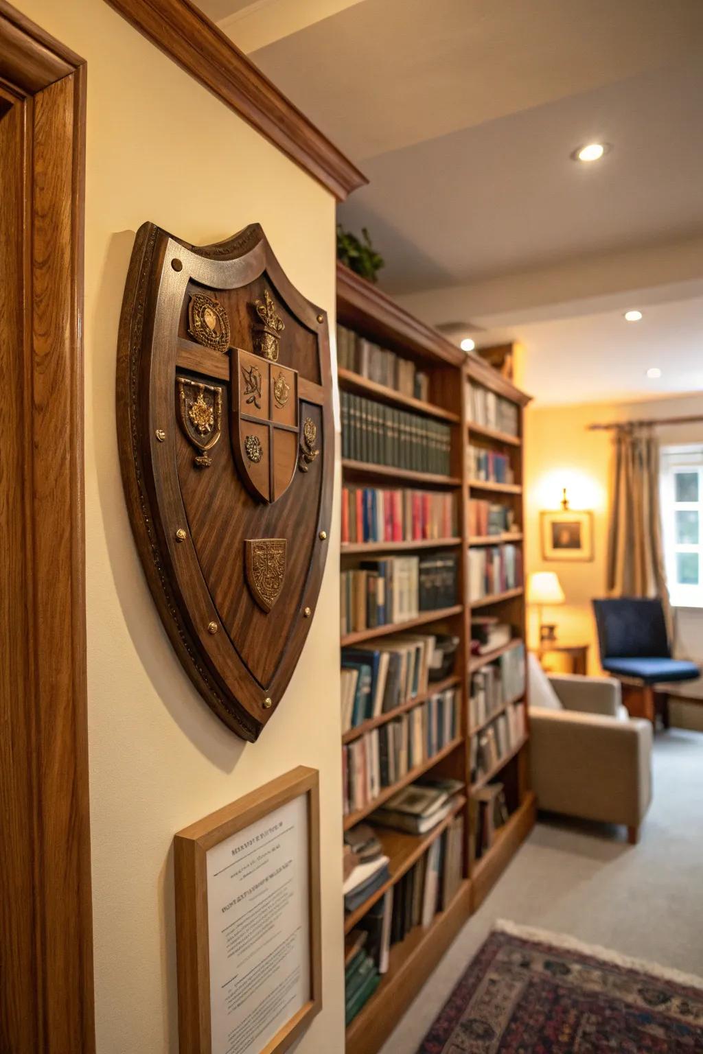 Custom wooden shield award with contrasting wood tones.