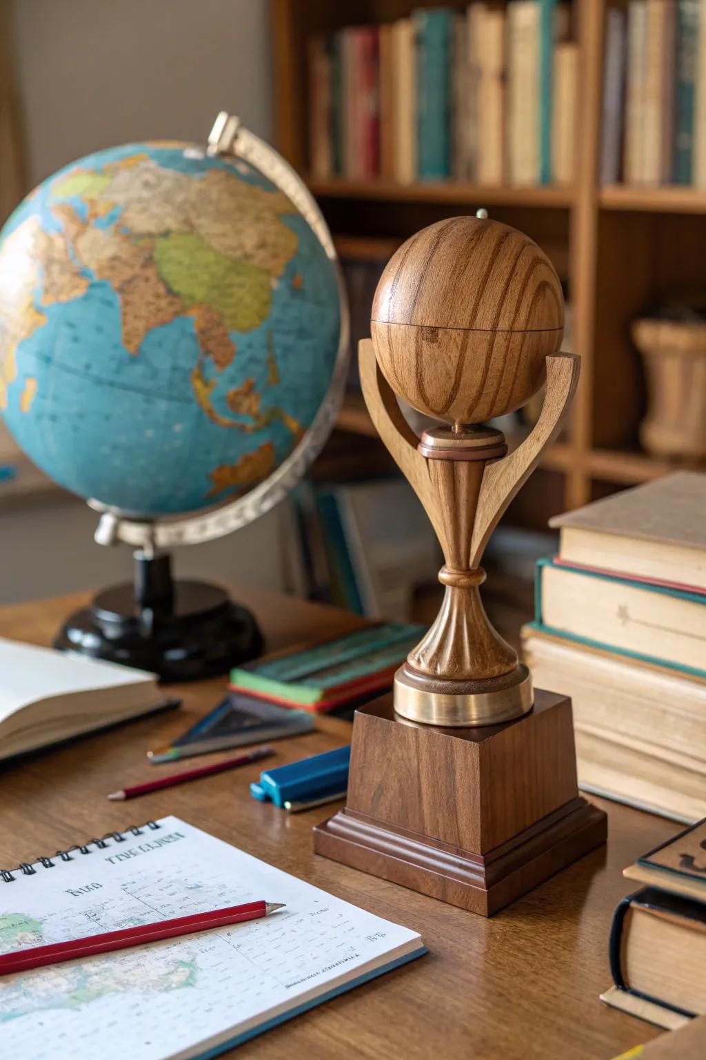 Wooden globe trophy symbolizing global achievement.