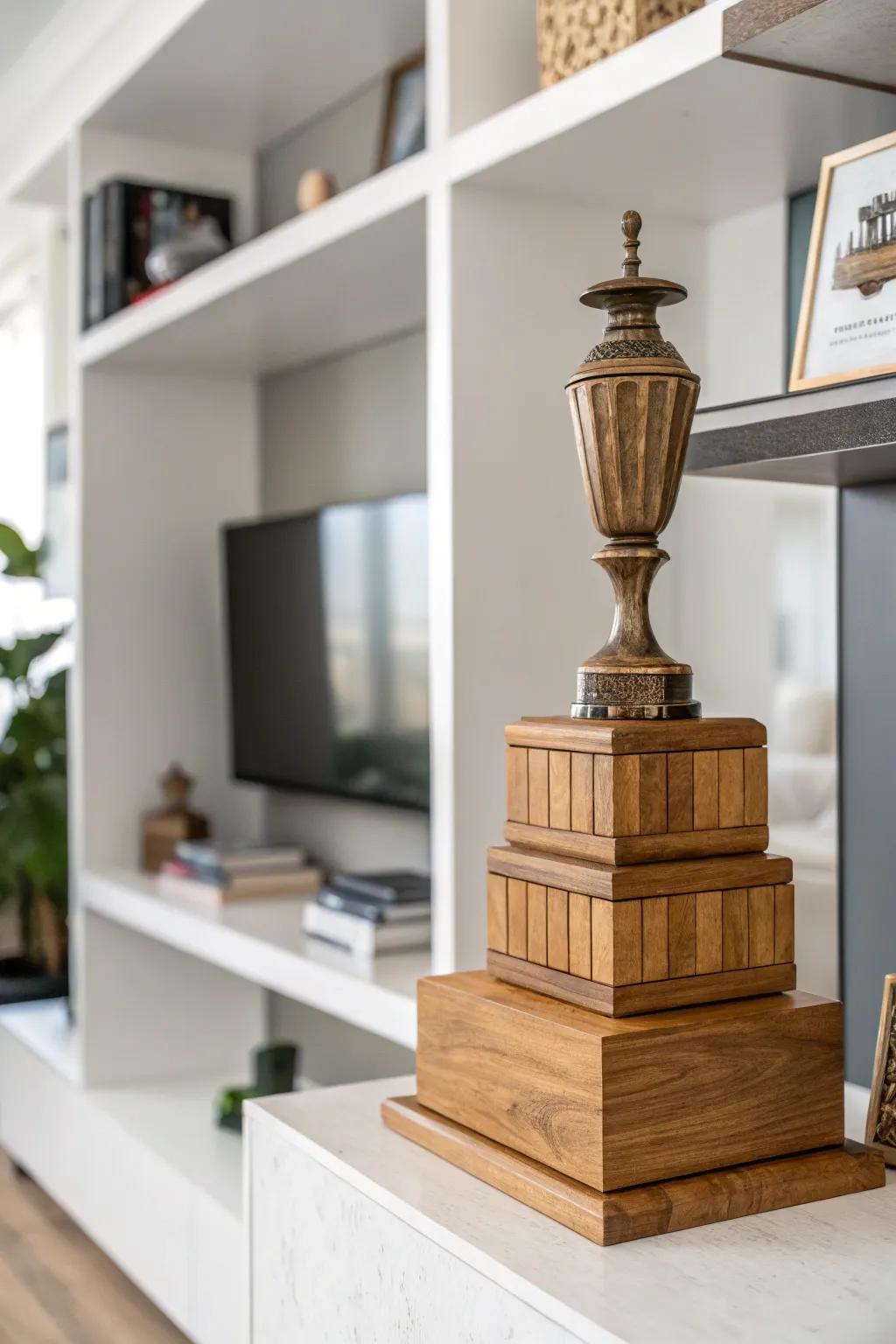 Modern stacked wooden trophy with geometric shapes.