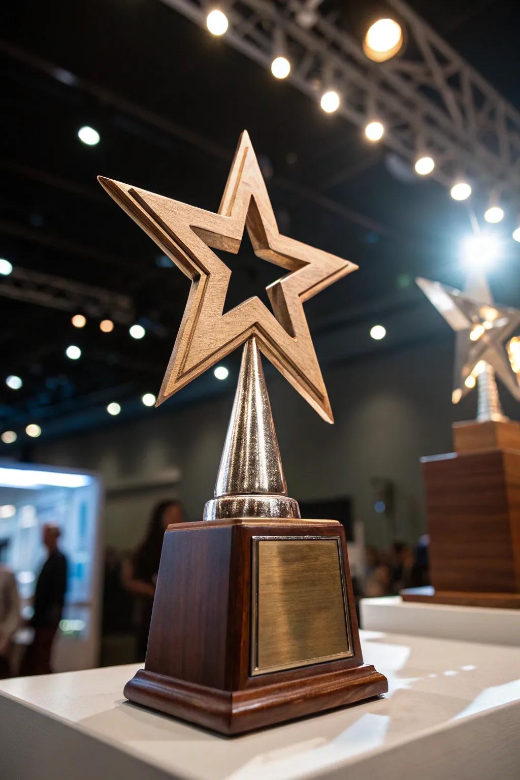Wooden star trophy symbolizing achievement and excellence.