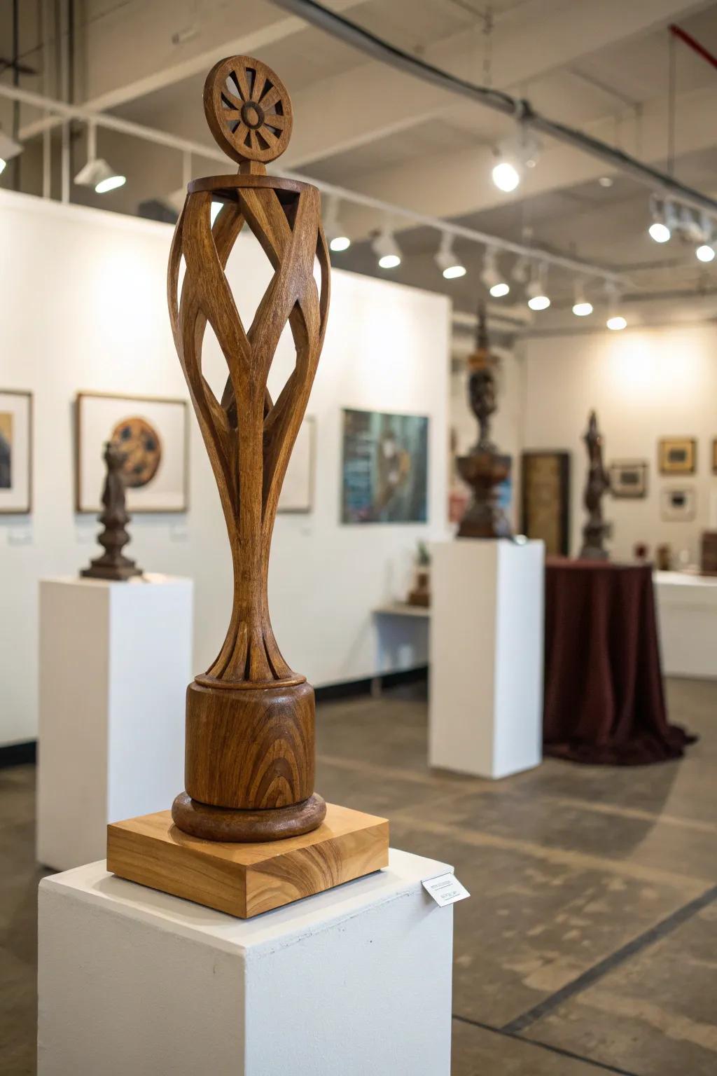 Abstract wooden trophy with artistic design.