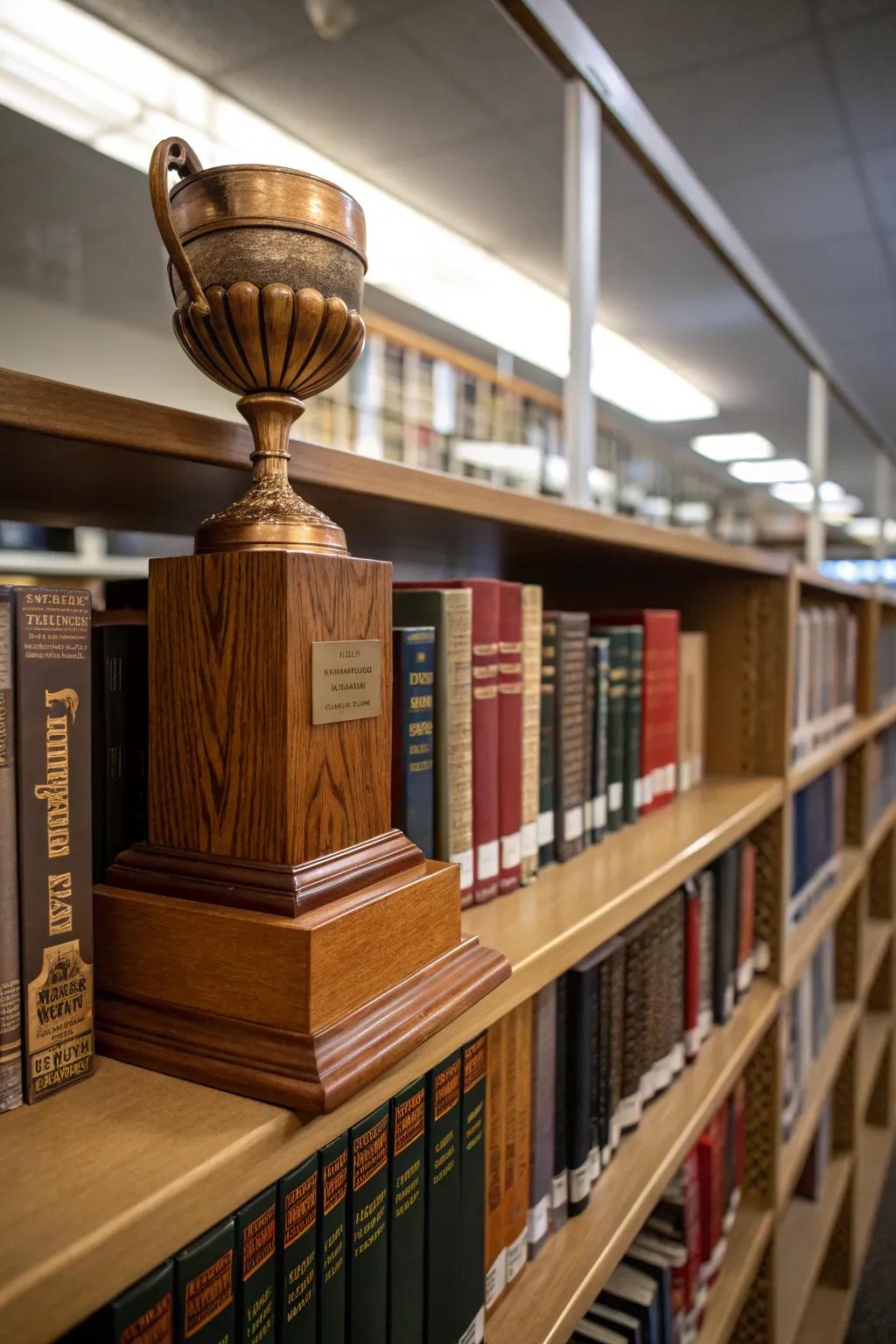 Wooden book trophy honoring educational achievements.