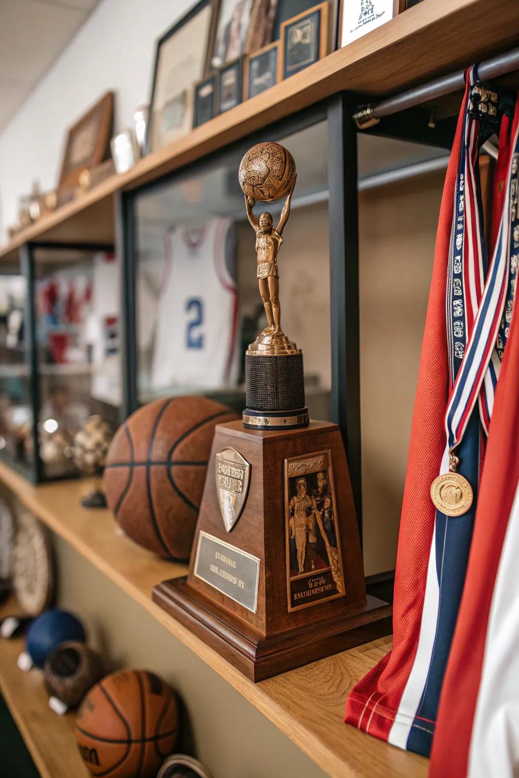 Wooden sports trophy celebrating athletic achievement.