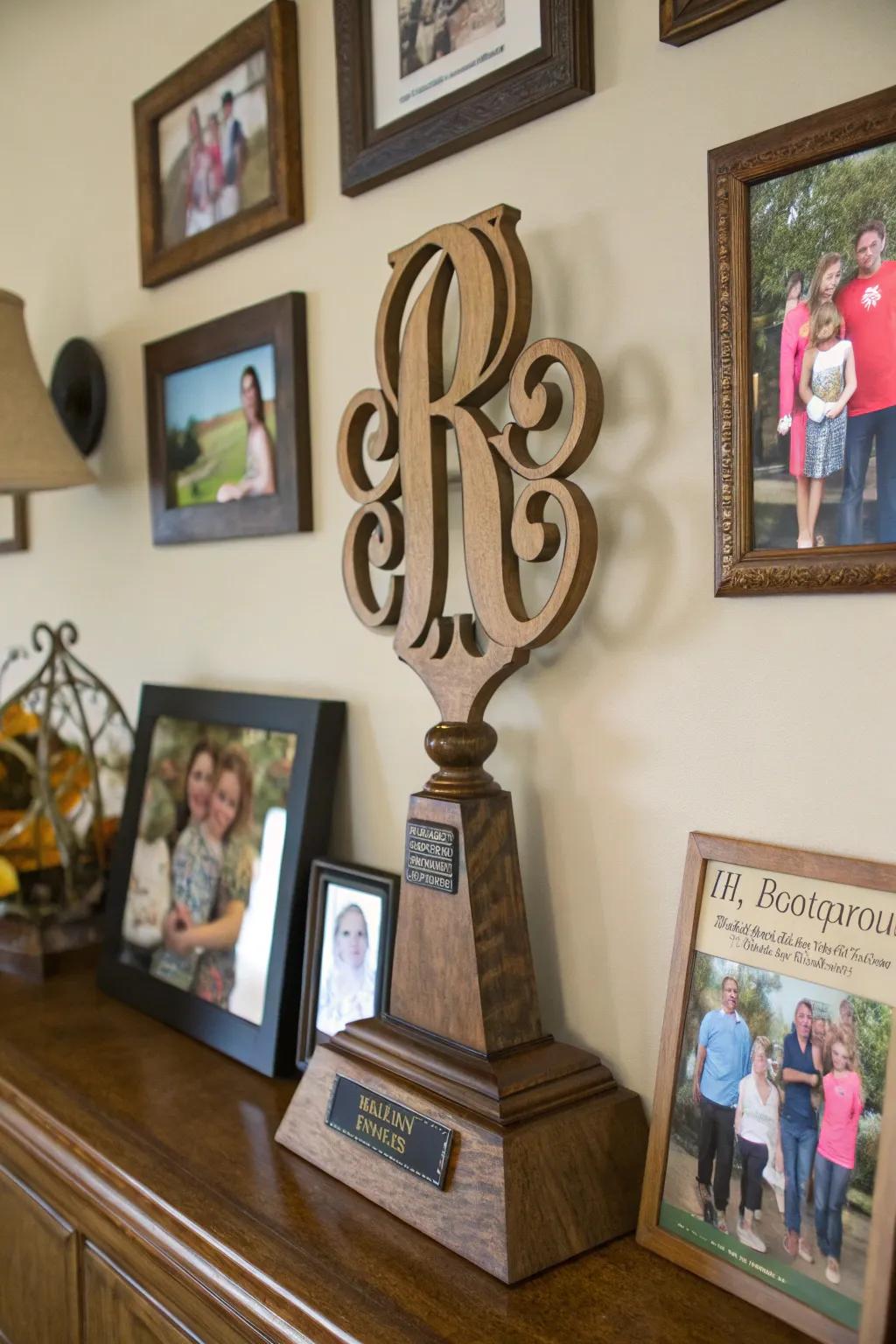 Sophisticated wooden monogram trophy.