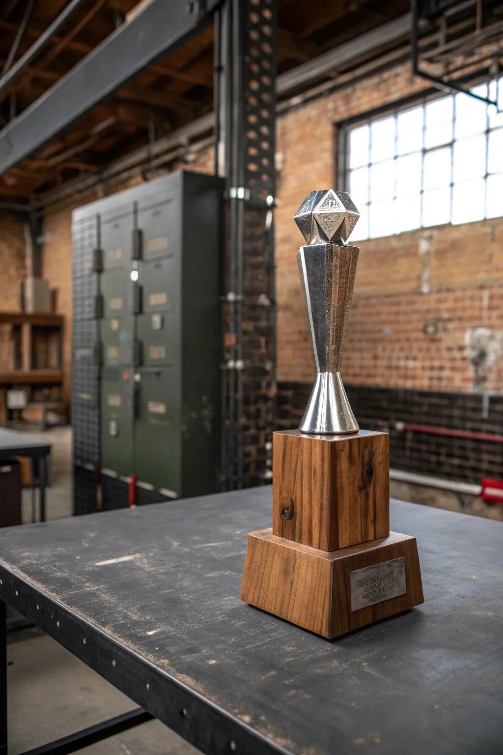 Sleek wood and metal fusion trophy.