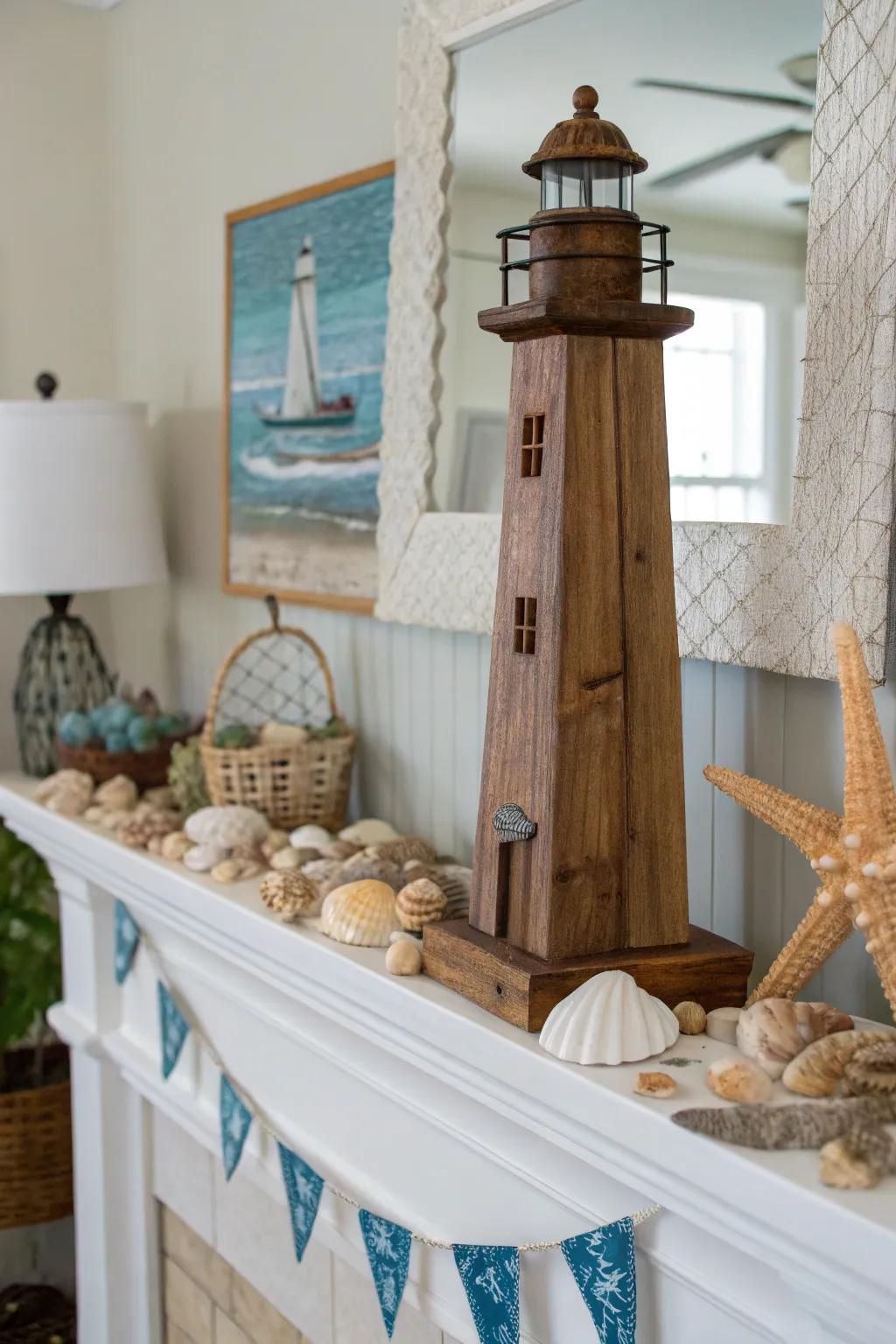 Wooden lighthouse trophy with nautical theme.