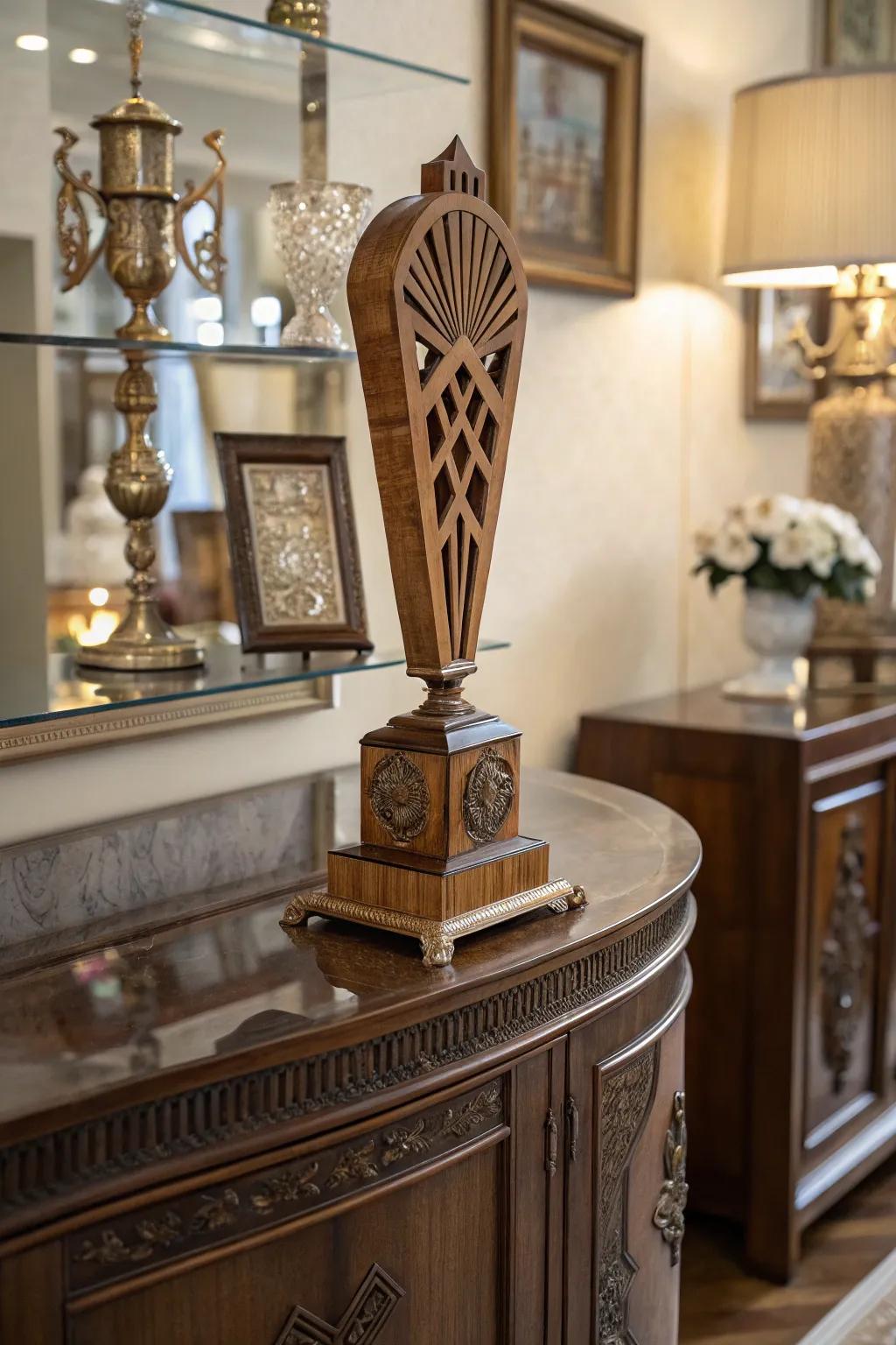 Art Deco style wooden trophy with geometric patterns.