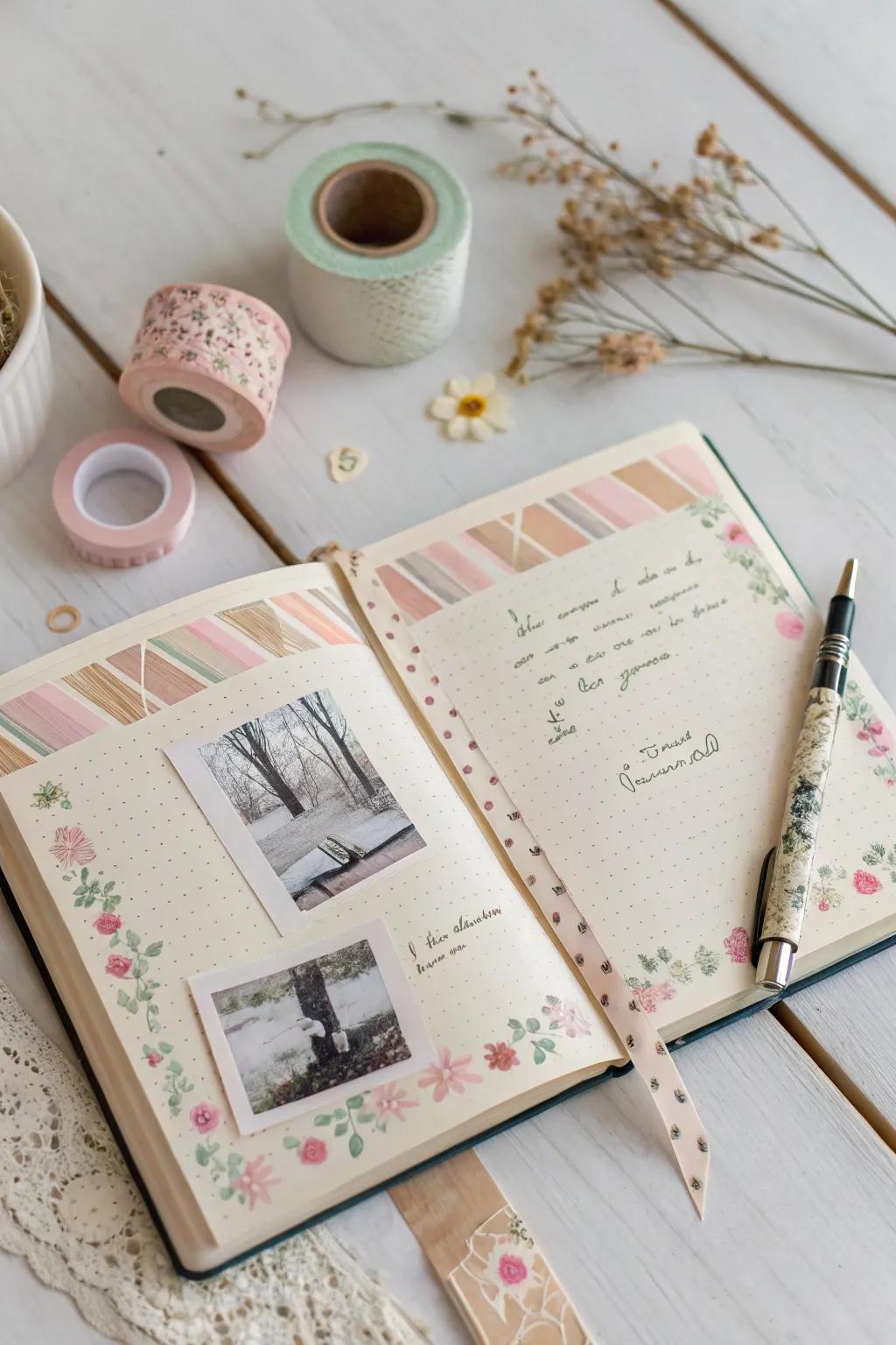 Elevate your vintage journal with colorful washi tape and stickers, celebrating simplicity and natural beauty.