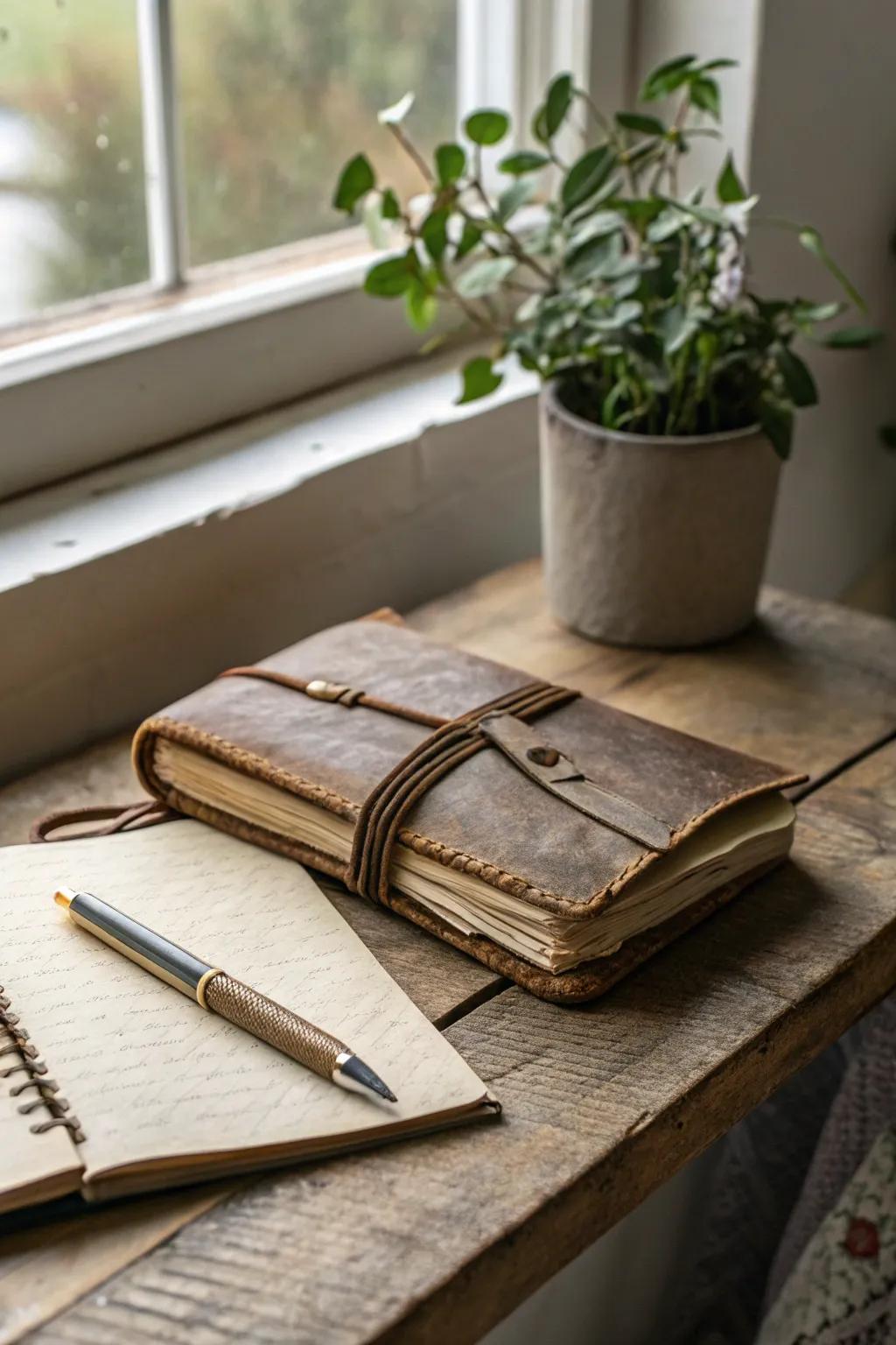 Begin a creative journey with a shared story in a charming vintage journal.