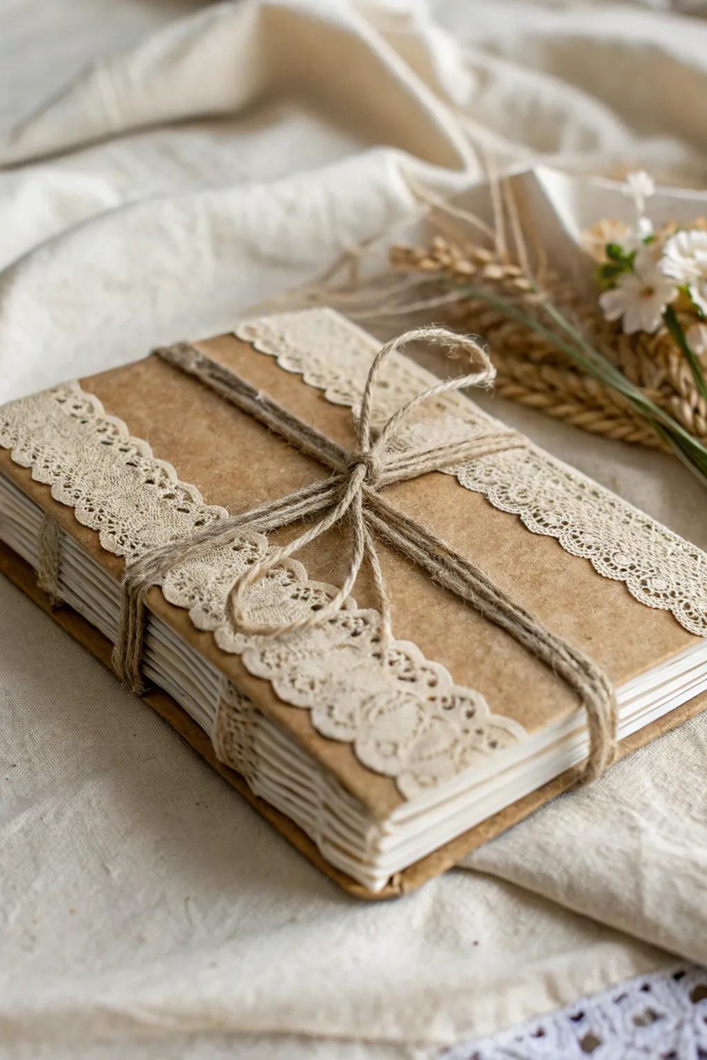 Celebrate rustic charm with handcrafted journals adorned with natural materials like twine and lace.