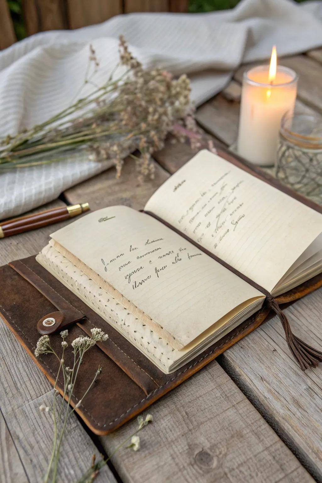 Engage in self-reflection by writing heartfelt letters to yourself in a vintage journal.