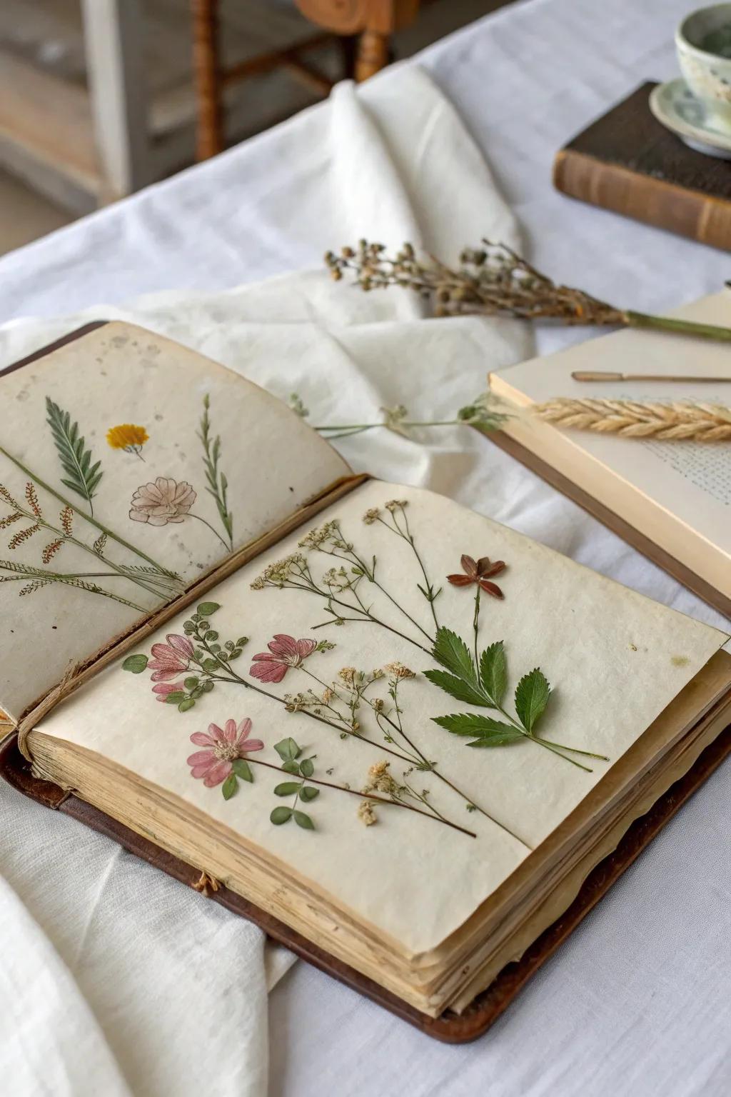 Celebrate nature's elegance by incorporating pressed flowers and leaves into your vintage journal.