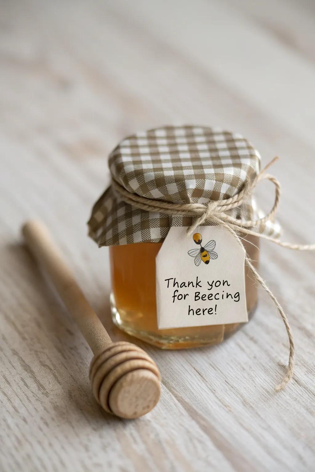 Charming honey jar favors with rustic wooden dippers for baby showers.