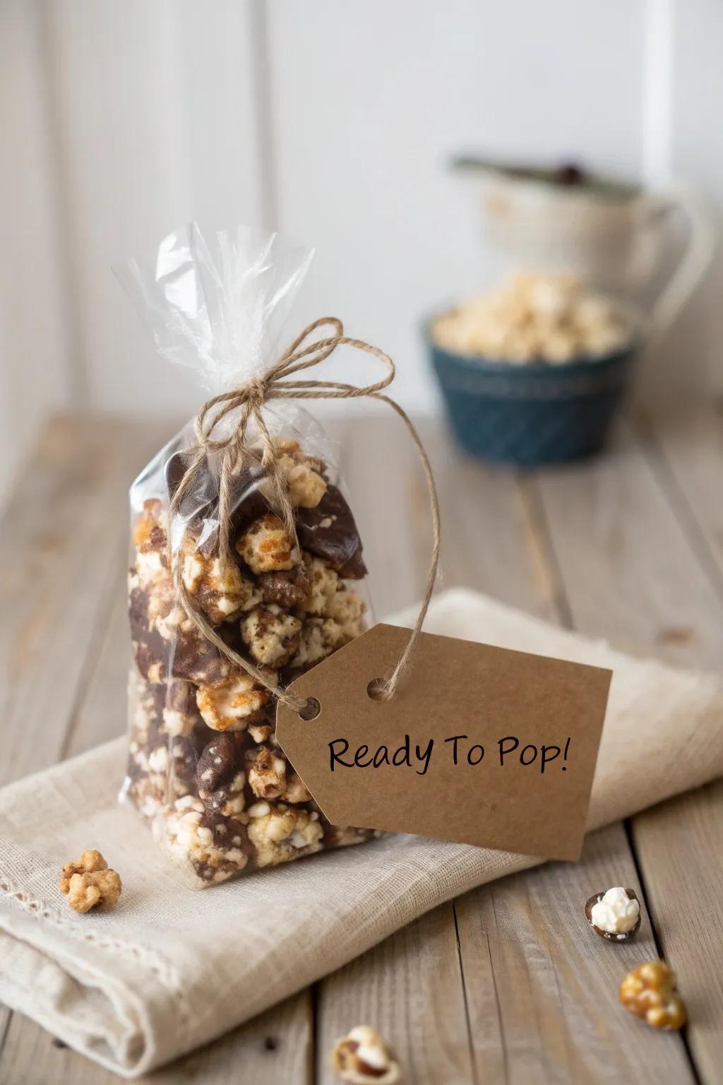 Charming gourmet popcorn favors with playful'Ready to Pop!' tags.