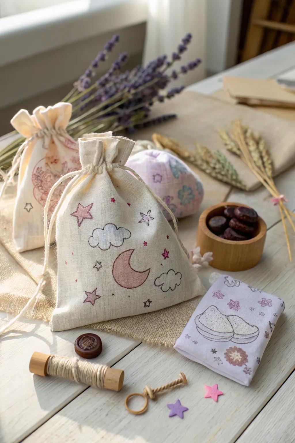 Stylish DIY baby shower favor pouches blending minimalist and boho aesthetics.