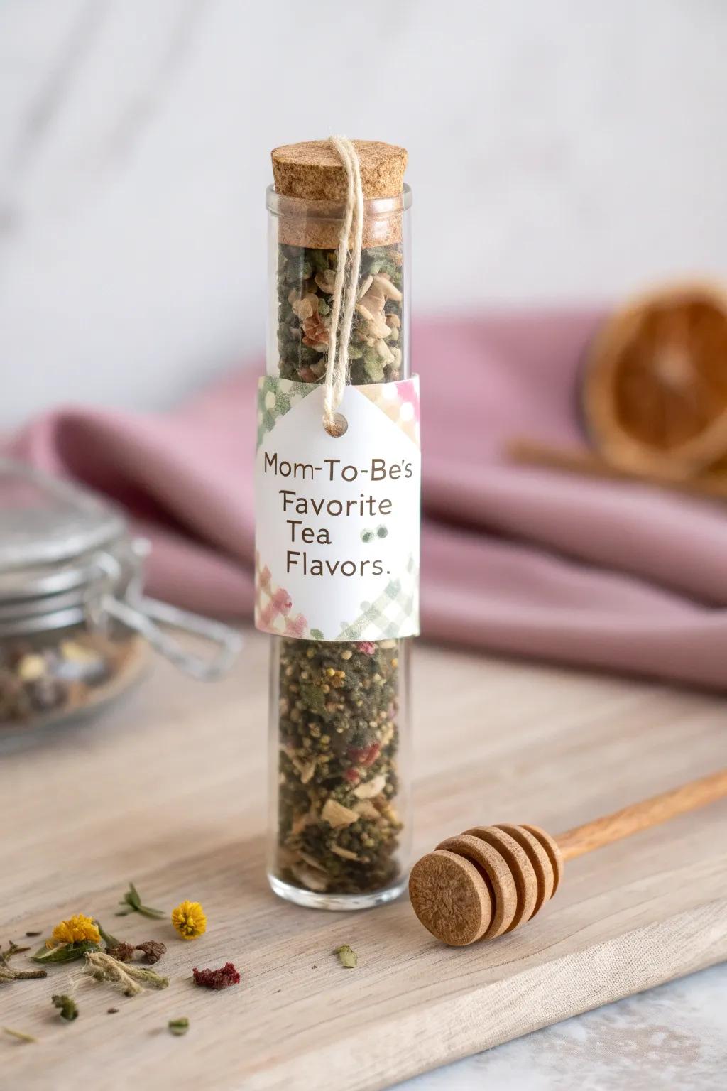 Personalized tea blends in glass tubes for elegant baby shower favors.