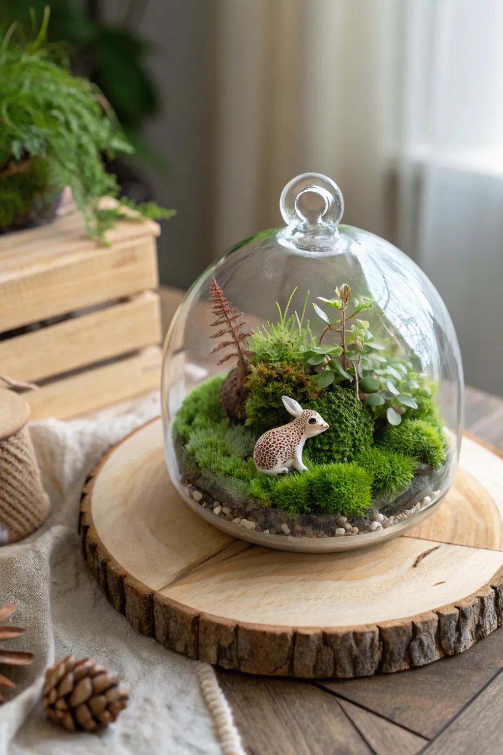 Tiny terrariums with moss and figurines, perfect nature-inspired favors.