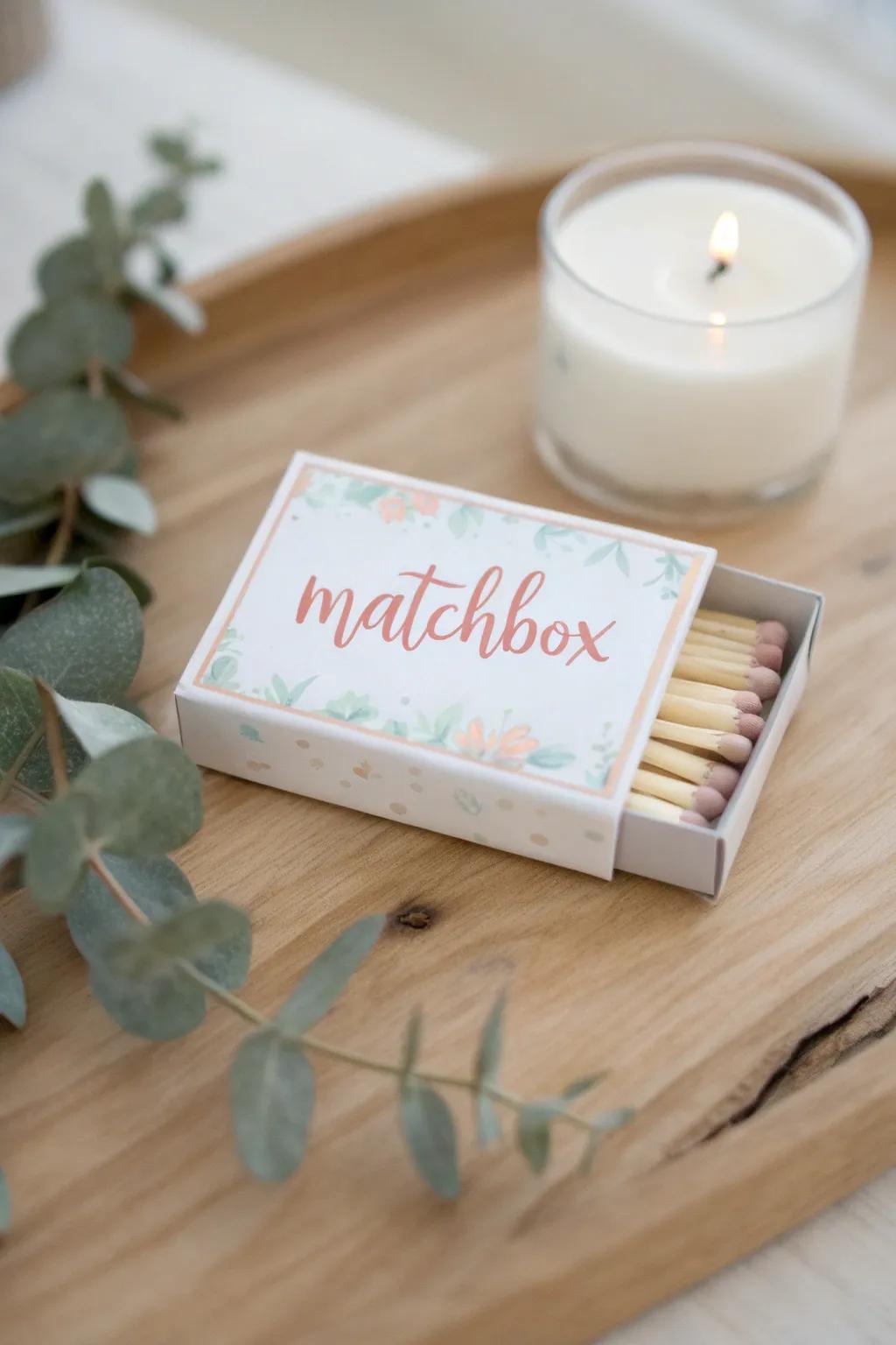Custom matchboxes paired with candles for cozy baby shower favors.