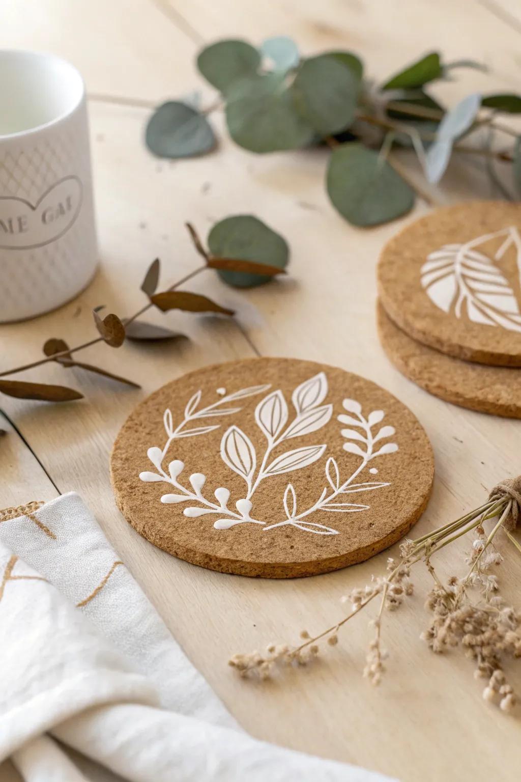 Custom cork coasters decorated with paint and stencils for unique favors.