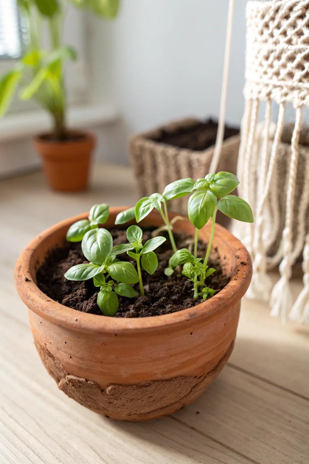 Fresh mini herb gardens in pots, a practical and fragrant favor idea.