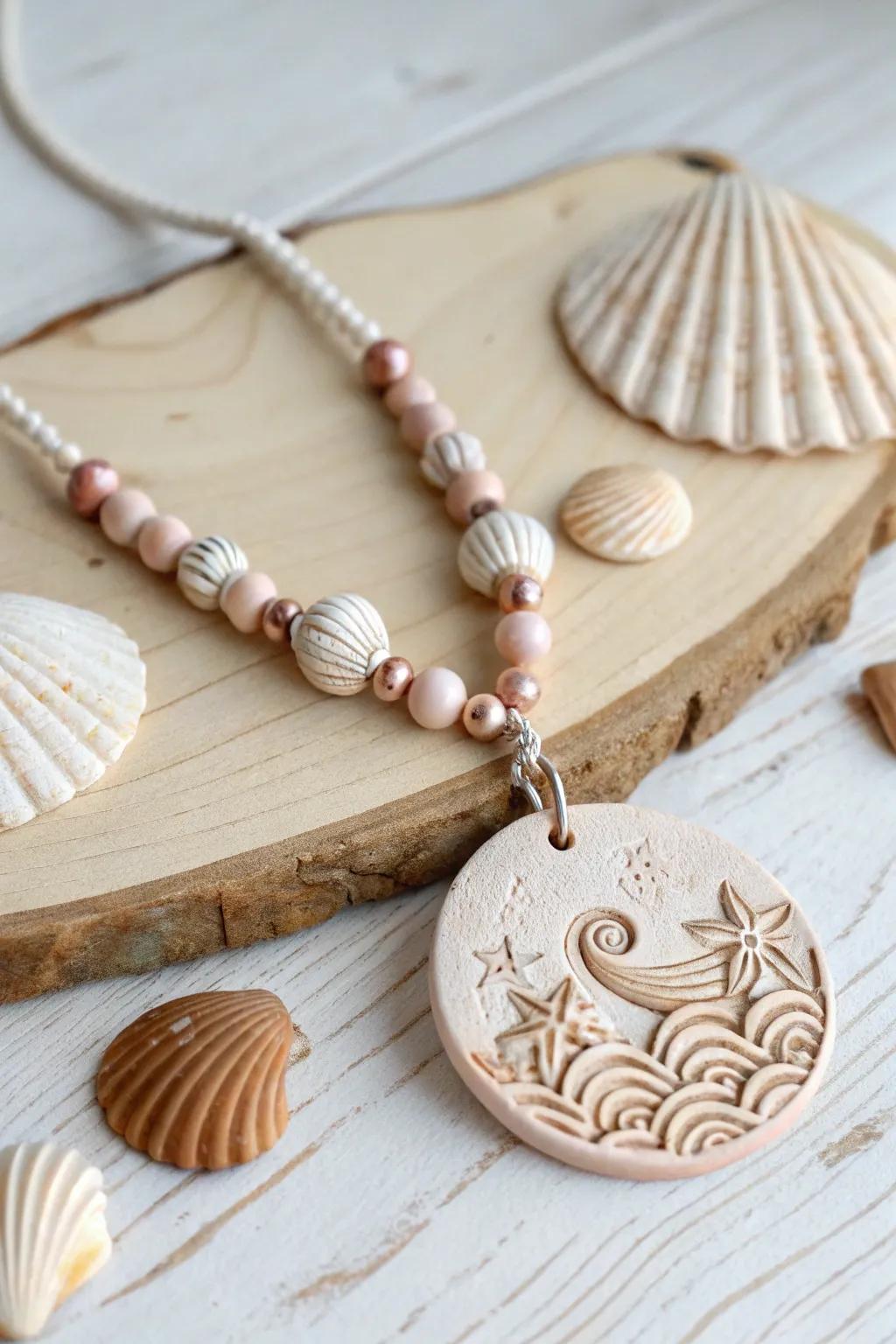 Capture the essence of the ocean with clay necklaces featuring shells and wave-inspired designs.
