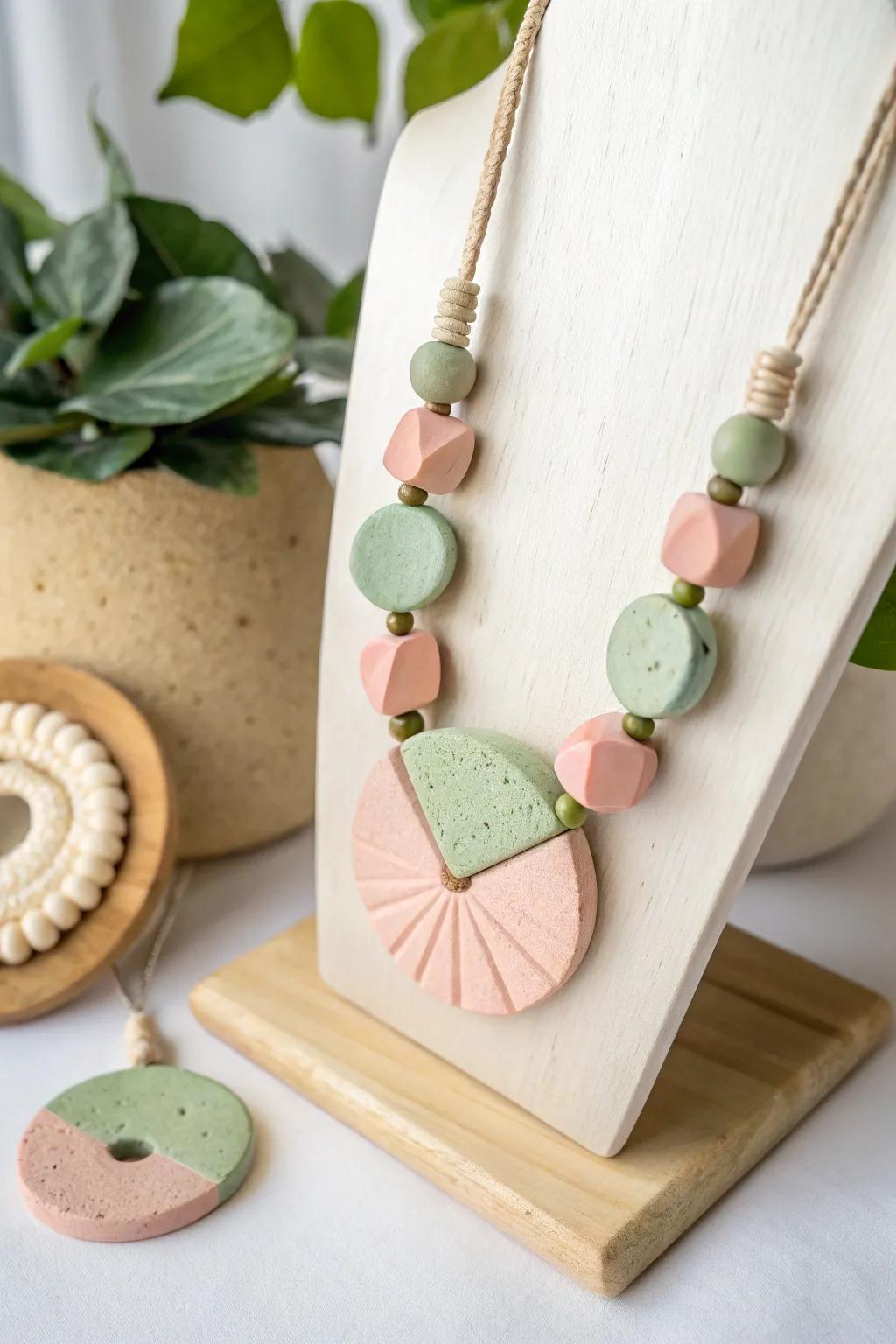 Explore abstract creativity with clay necklaces that blend colors and shapes into elegant art.