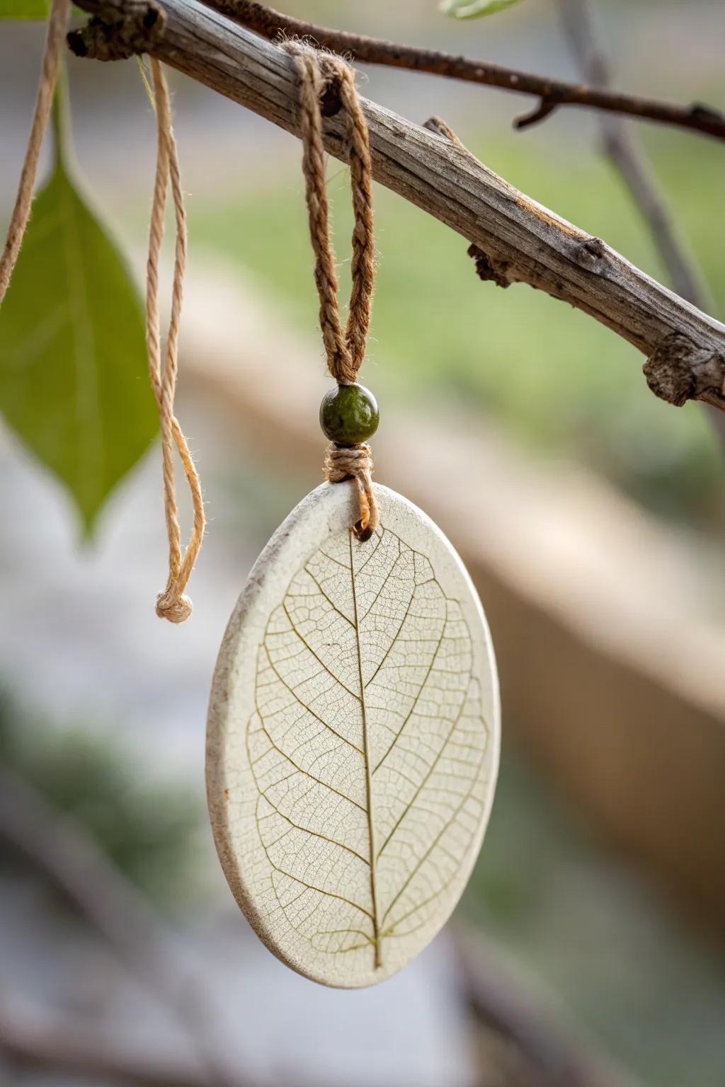 Leaf-patterned clay necklaces blend natural beauty with artisanal craftsmanship.