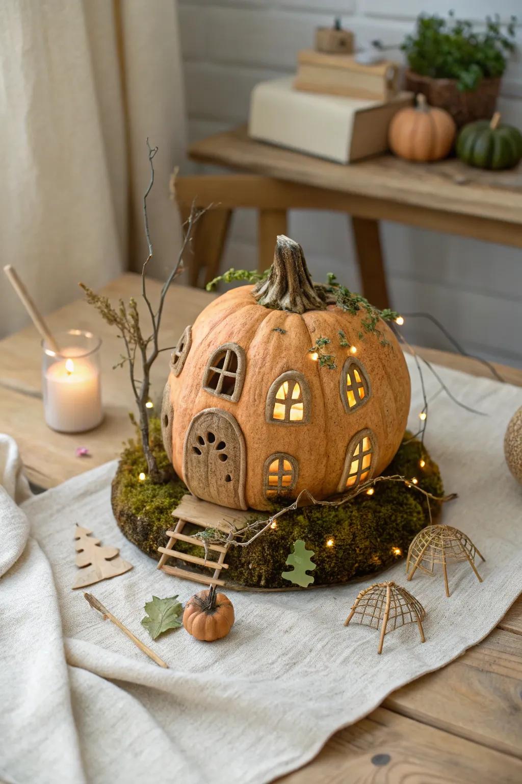 Step into a whimsical world with this enchanting pumpkin fairy house, where magic and craftsmanship meet simplicity and natural beauty.