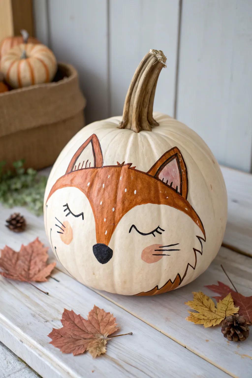 Transform your fall decor with this charming woodland fox pumpkin art, where simplicity meets playful elegance.